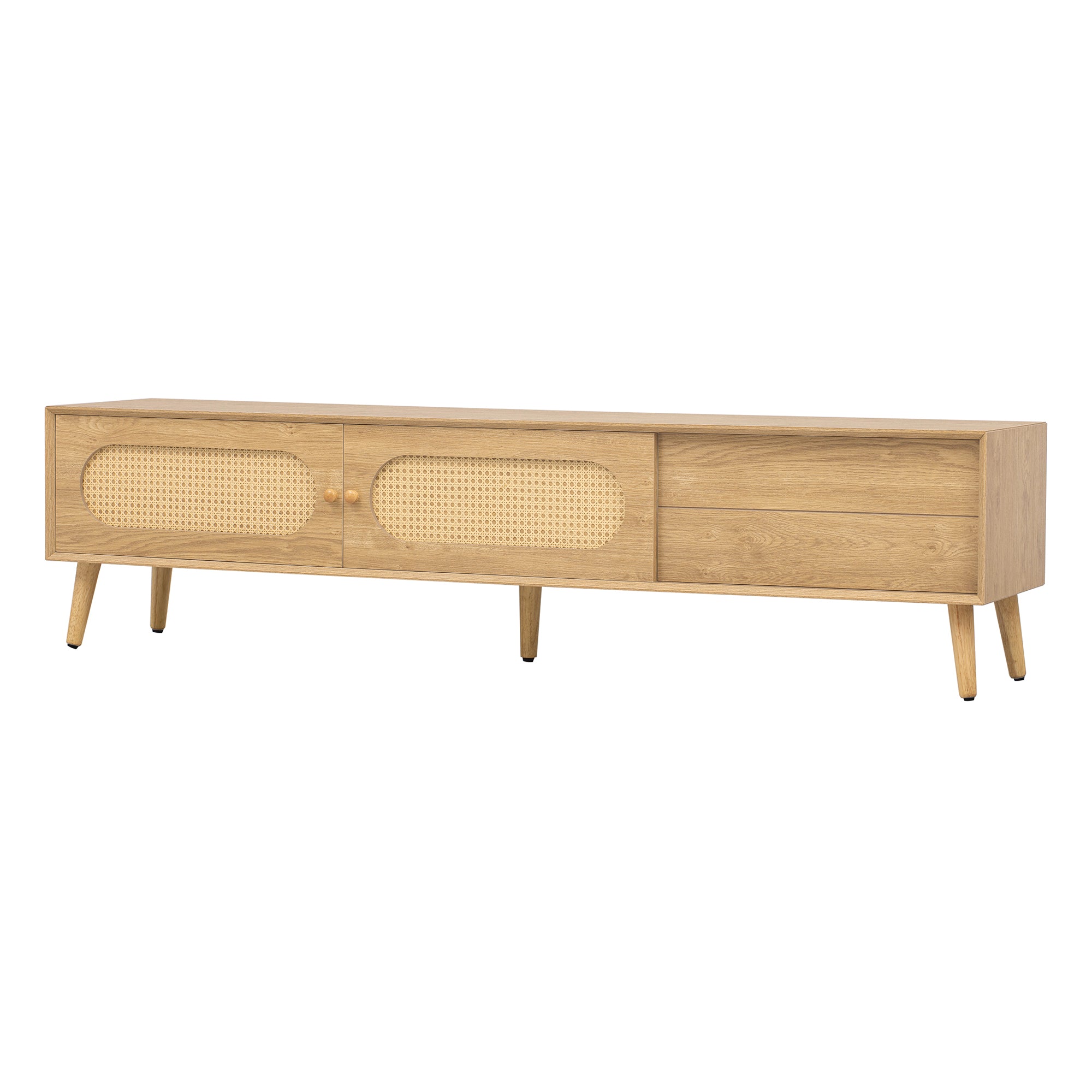 Boho TV Stand for TVs up to 80'', Modern Farmhouse Media Console with Solid Wood Legs, Natural Wood Finish, MDF Cabinet, 70.8''L x 15.7''W x 17.7''H - Grand Goldman Shop