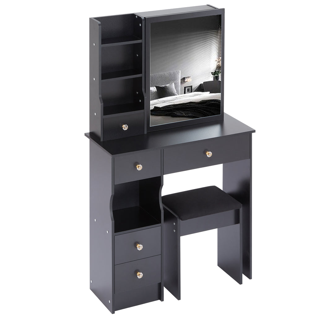 29.2' Small Space Left Drawer Desktop Vanity Table + Cushioned Stool, Extra Large Right sliding mirror, Multi Layer High Capacity Storage, Practical Fashionable Dresser, Suitable For Small Space - Grand Goldman Shop