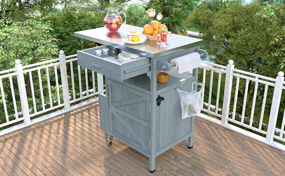 K&K 40.5' Outdoor Grill Cart with Stainless Steel Top, Solid Wood Outdoor Storage Cabinet with Drop Leaf, One Drawer, Towel Rack, Rolling Kitchen Cart with Lockable Wheels for Lawn Garden, Blue Grey - Grand Goldman Shop