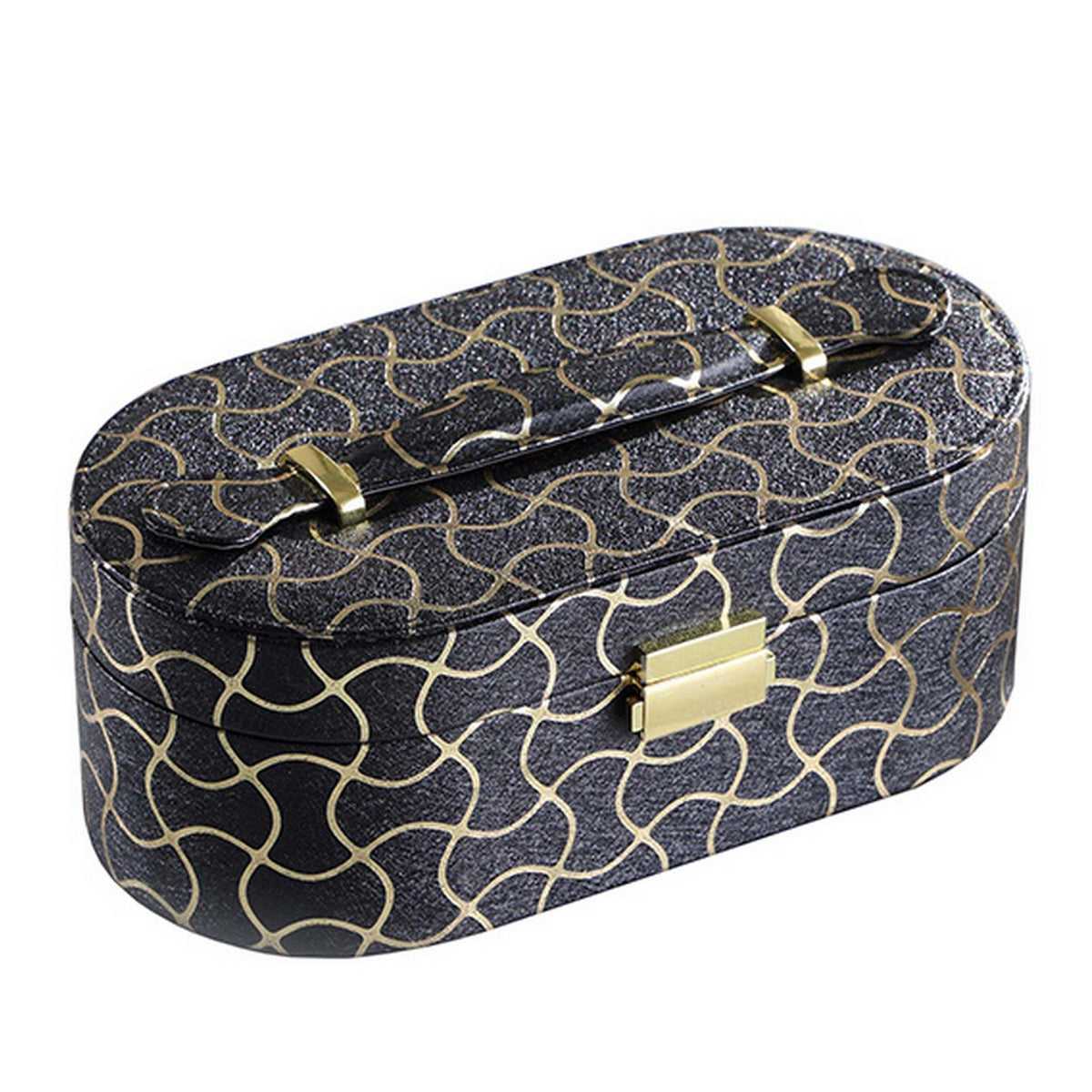 Travel Jewelry Case with 2 Semicircle Slots and Wavy Pattern, Black - Grand Goldman Shop