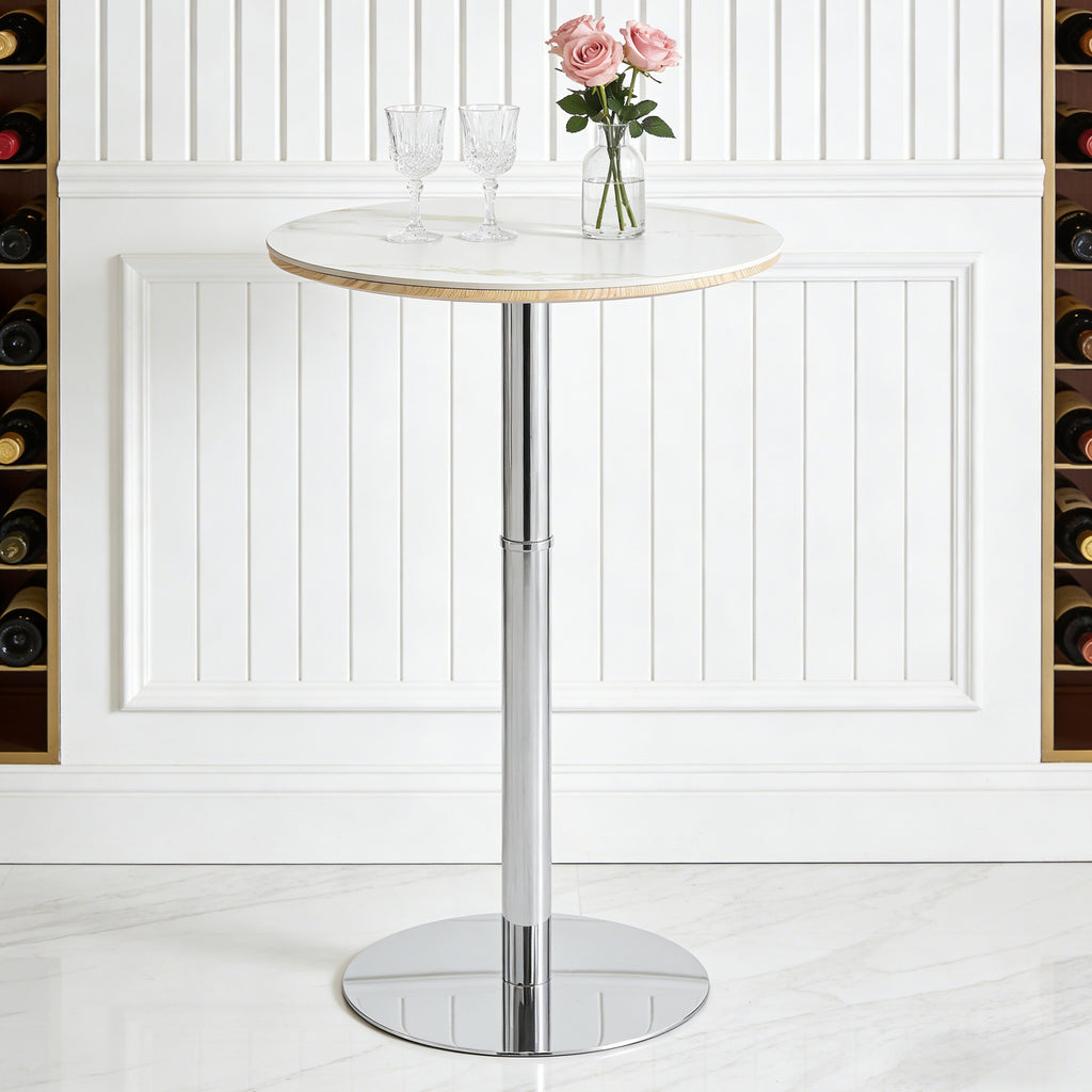 Rock slab circular tabletop non adjustable (39 inches high) bar table, bar table with silver legs and base (white) - Grand Goldman Shop