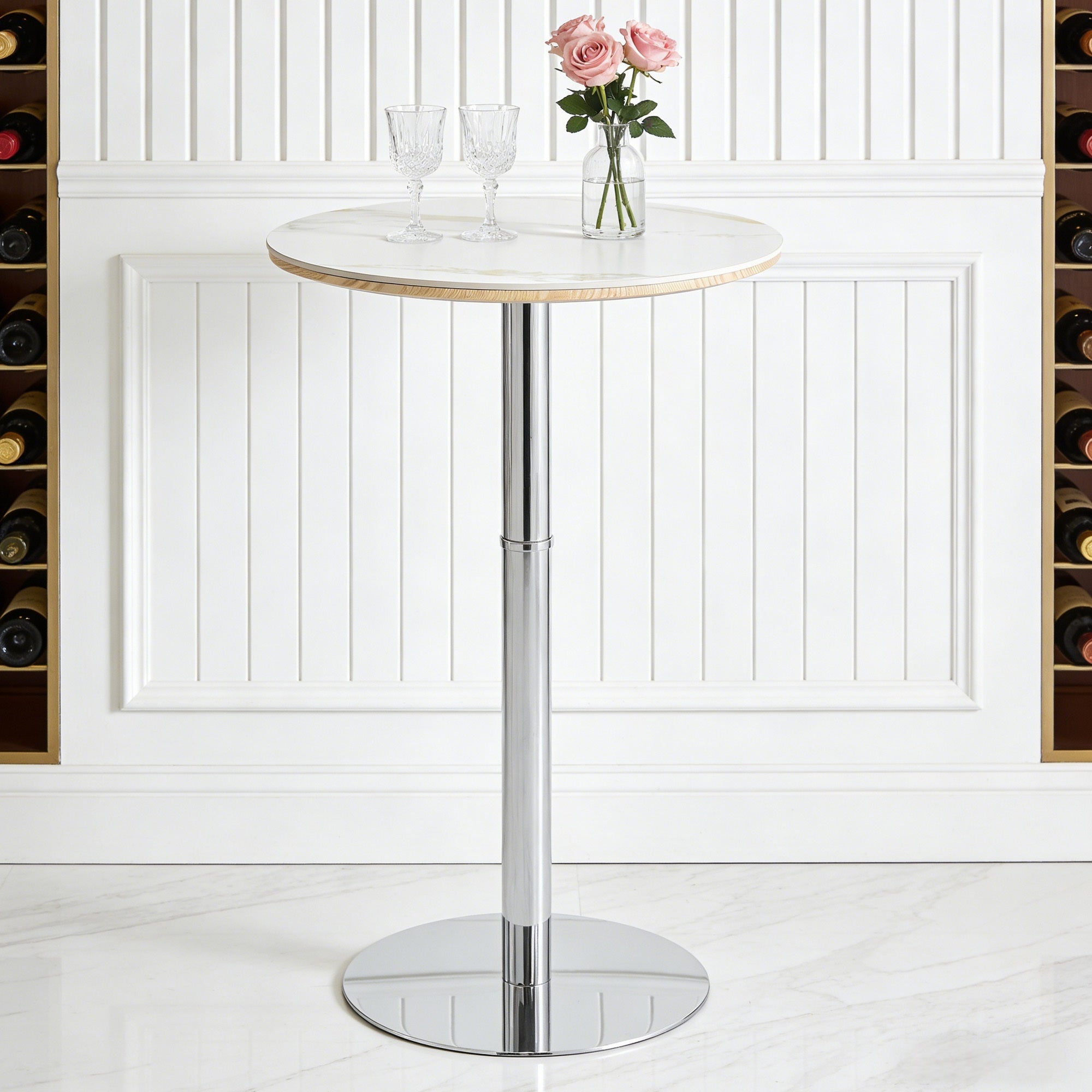 Rock slab circular tabletop non adjustable (39 inches high) bar table, bar table with silver legs and base (white) - Grand Goldman Shop