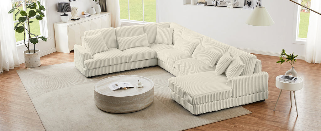 Modern Oversized U-shaped Sectional Sofa with Chaise Lounge in Beige Corduroy, 129' - Grand Goldman Shop