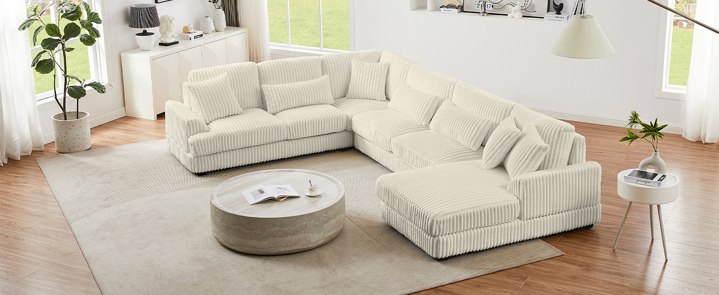 Modern Oversized U-shaped Sectional Sofa with Chaise Lounge in Beige Corduroy, 129' - Grand Goldman Shop