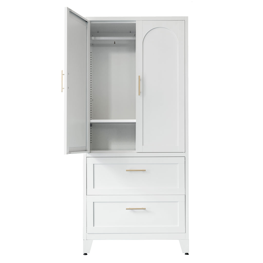 71' Tall Metal Wardrobe Cabinet with 2 Drawers and Hanging Rod, 2 Doors Wardrobe Closet with Shelf for Bedroom, Office, Laundry Room,Entryway ,Foyer,Guesthouse (White) - Grand Goldman Shop