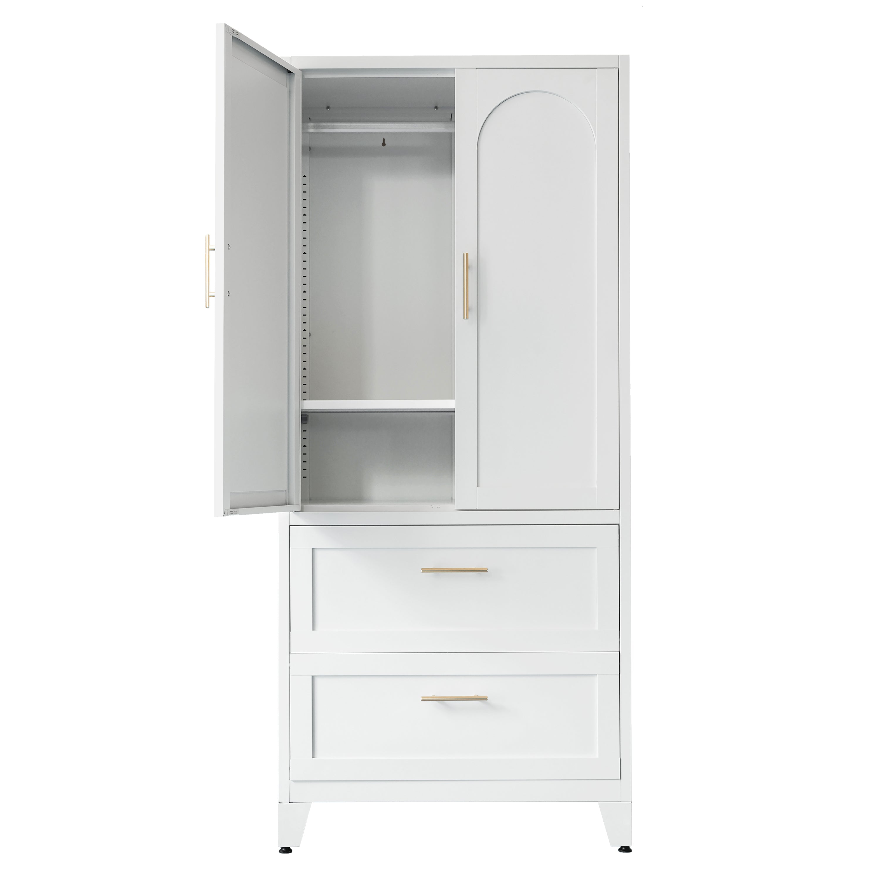 71' Tall Metal Wardrobe Cabinet with 2 Drawers and Hanging Rod, 2 Doors Wardrobe Closet with Shelf for Bedroom, Office, Laundry Room,Entryway ,Foyer,Guesthouse (White) - Grand Goldman Shop