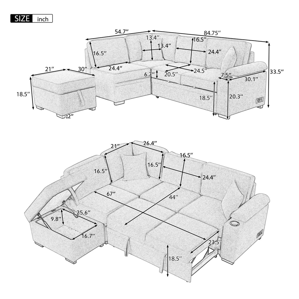 Modern Sleeper Sofa Bed with Storage Ottoman, Gray Linen, 84.75' L Shape Couch for Living Room or Apartment - Grand Goldman Shop