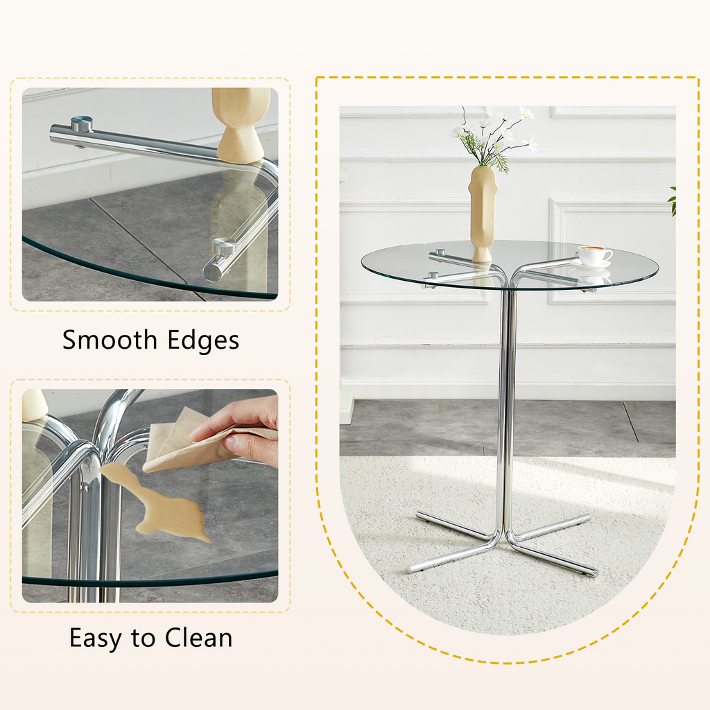 Round glass bar high table, 36 inch round bar table, tempered glass tabletop, sturdy silver chrome plated four column support, suitable for transparent round bar tables in small spaces, kitchens - Grand Goldman Shop