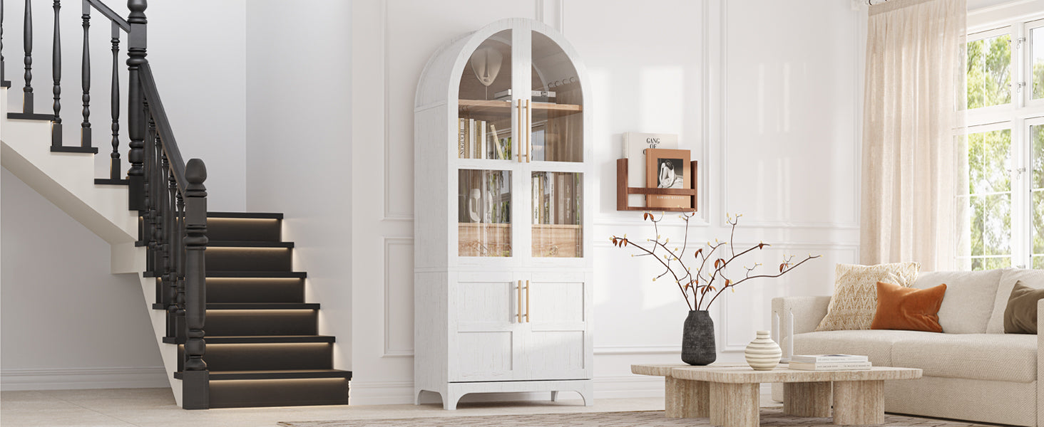 K&K 71' Tall Arched Kitchen Pantry Cabinet with Door Shelves, Farmhouse Kitchen Storage Cabinet with Open & Adjustable Shelves, Hidden Drawer & Glass Door, Cupboard for Kitchen, Dining Room, White - Grand Goldman Shop