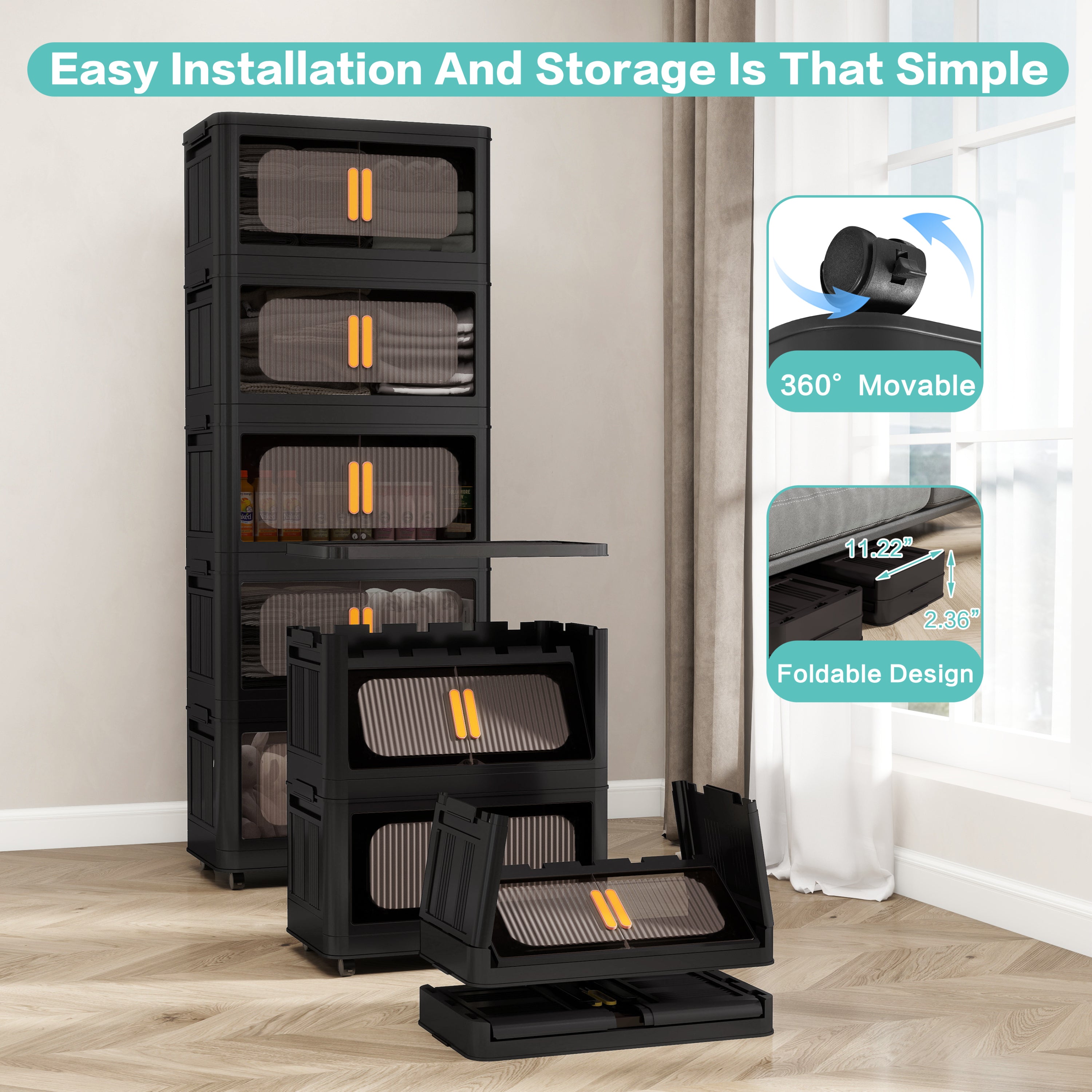 Folding Storage Cabinet 5-Tier 24-Inch Wide Black Plastic with Magnetic Doors and Wheels - Grand Goldman Shop