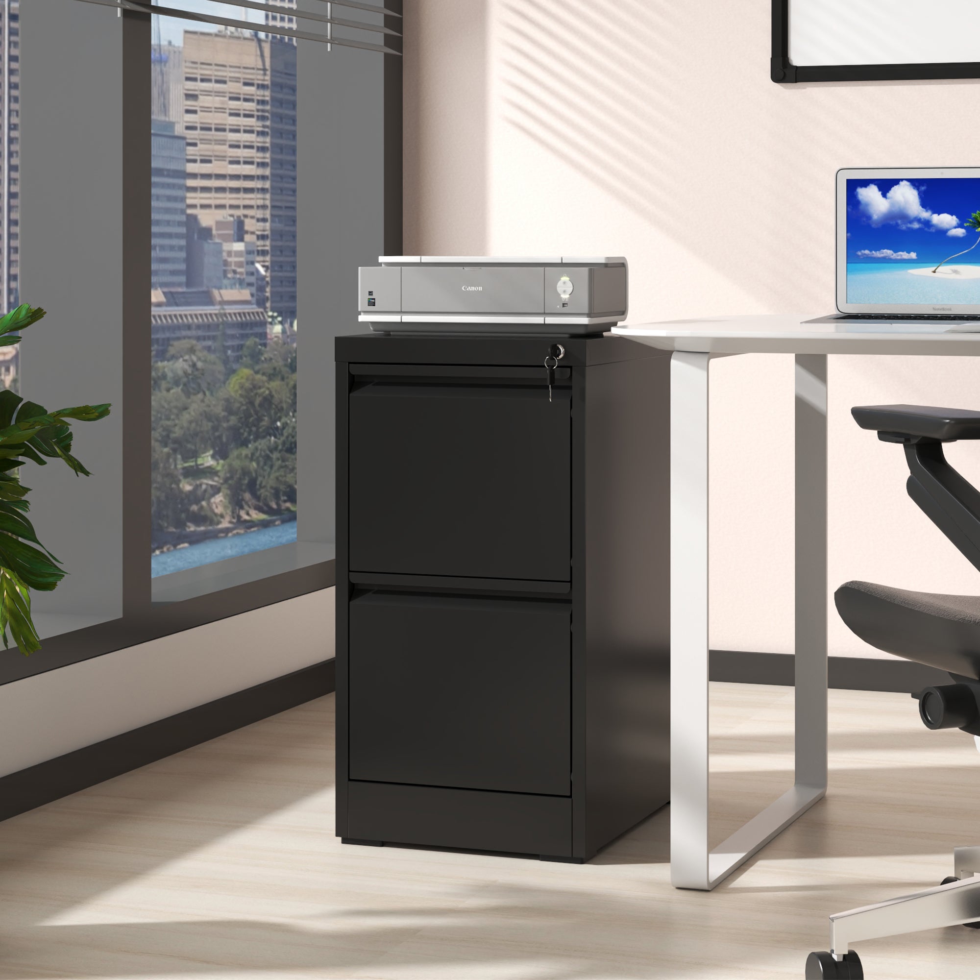Black Steel 2 Drawer Vertical File Cabinet with Lock for A4 Legal/Letter Size - Grand Goldman