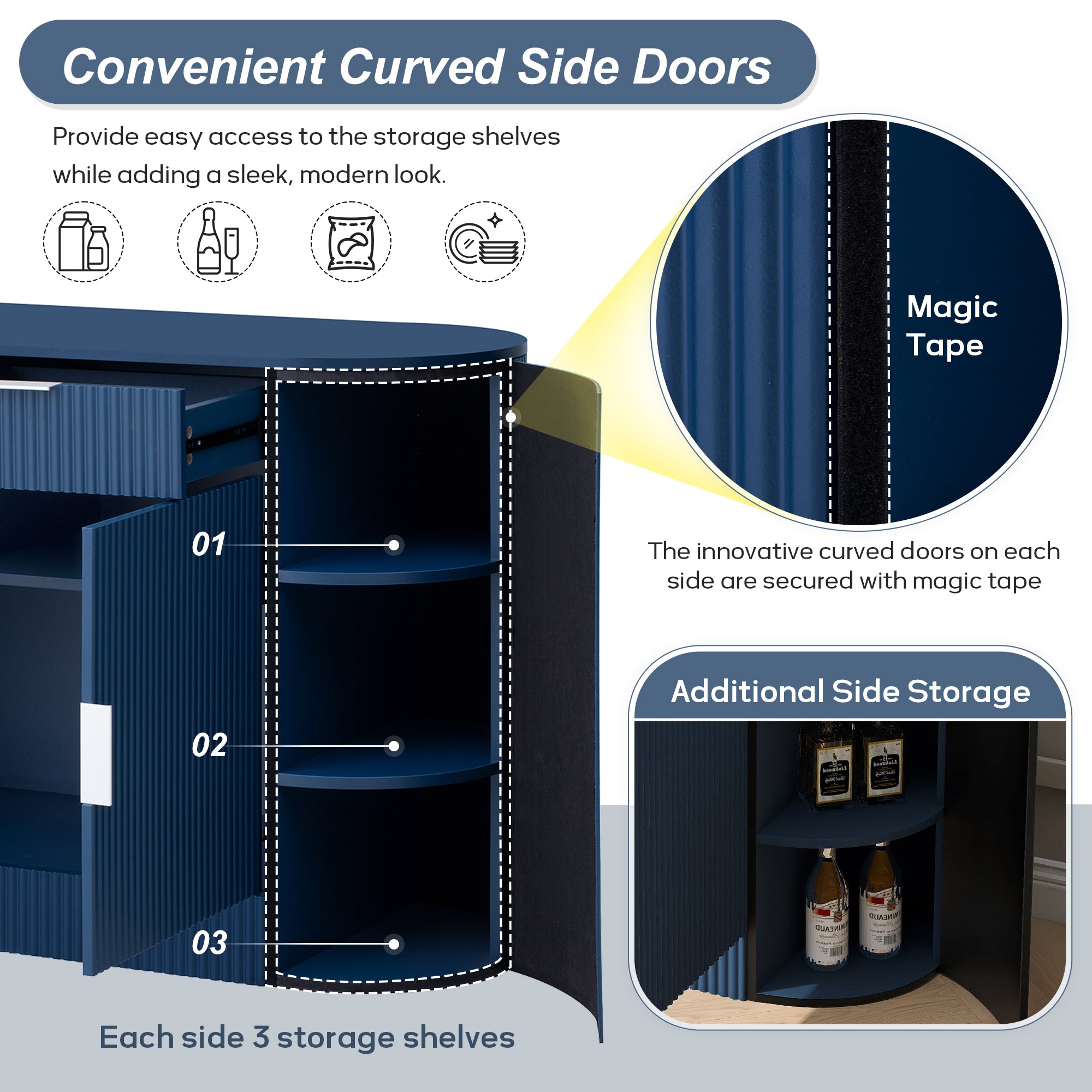 U_STYLE 55.1' Modern Storage Cabinet – 2 Doors & 2 Drawers, Stripe MDF Sideboard with Aluminum Handles, Curved Side Door & 3-Tier Shelves, Buffet Cabinet for Living Room, Bedroom, Dining Room - Grand Goldman Shop