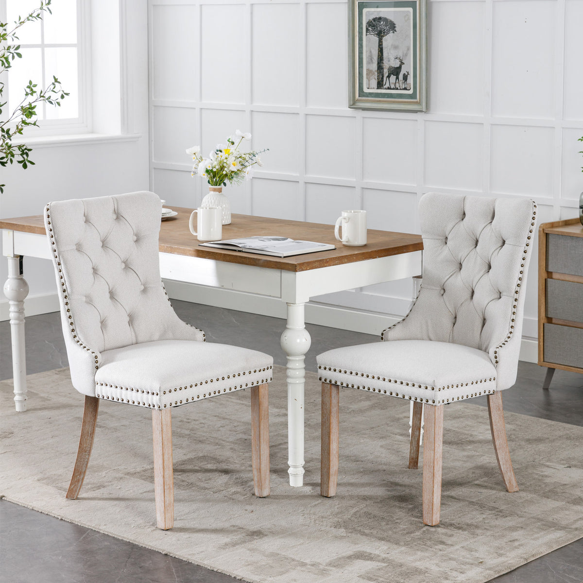 Nikki Collection Modern, High-end Tufted Solid Wood Contemporary Flax Upholstered Dining Chair with Wood Legs Nailhead Trim 2-Pcs Set,Gray, SW6801BG - Grand Goldman Shop