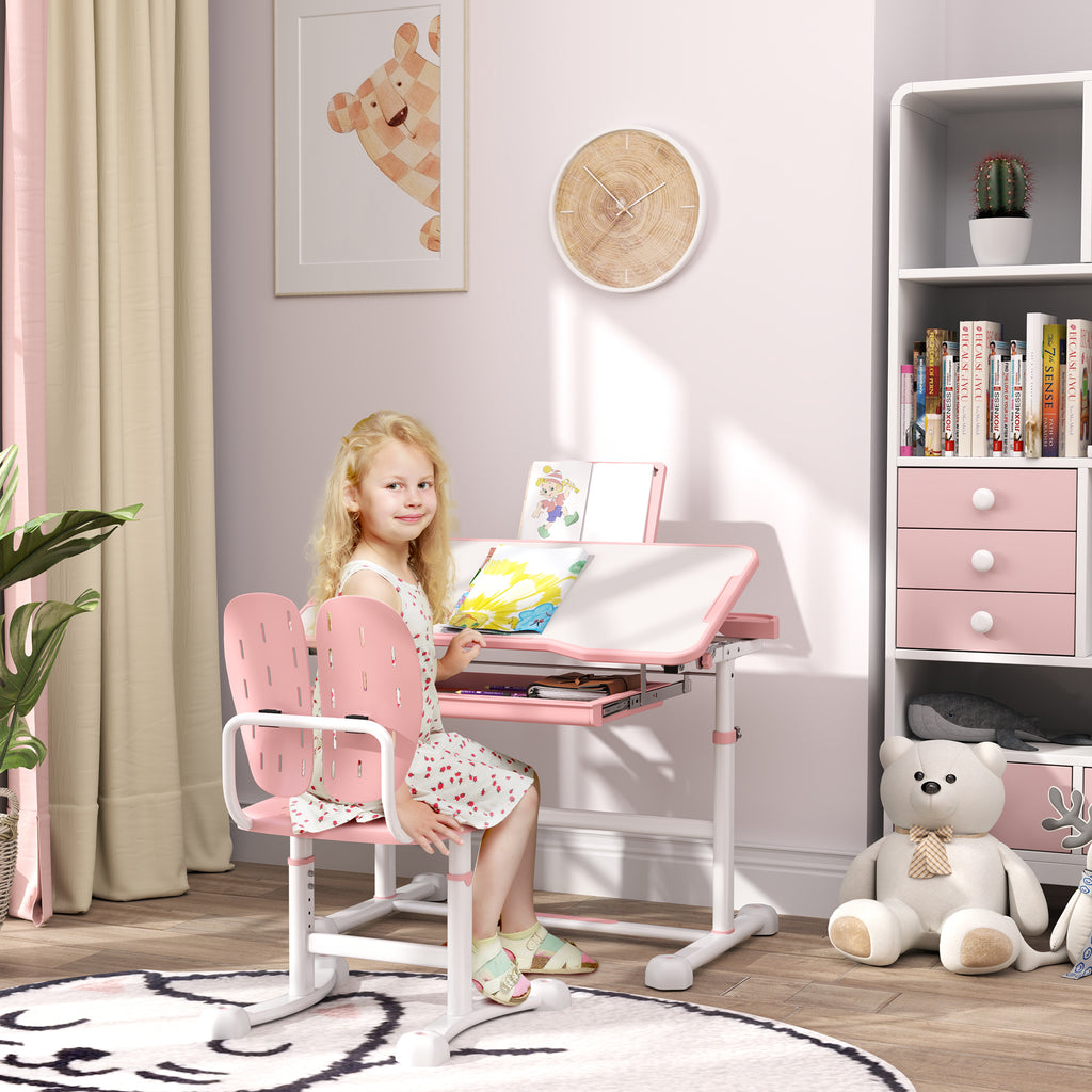 Qaba Kids Desk and Chair Set, Height Adjustable Kids School Study Desk and Chair Set with Tilt Desktop, Storage Drawer & Book