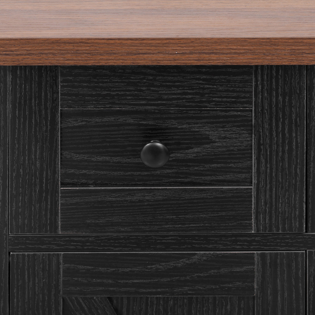 K&K 53'' Farmhouse Kitchen Island with Two Tempered Glass Cabinet Doors, Power Outlet, Rolling Kitchen Cart on Wheels with Drop Leaf, 5 Open Side Racks, 3 Drawers, for Kitchen, Dining Room, Black - Grand Goldman Shop