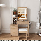 Modern Vanity Desk with 3 LED Lighting Modes, 4 Drawers, Hair Dryer Holder, Power Socket, and Dressing Chair in Walnut Finish, Made of MDF - Grand Goldman Shop
