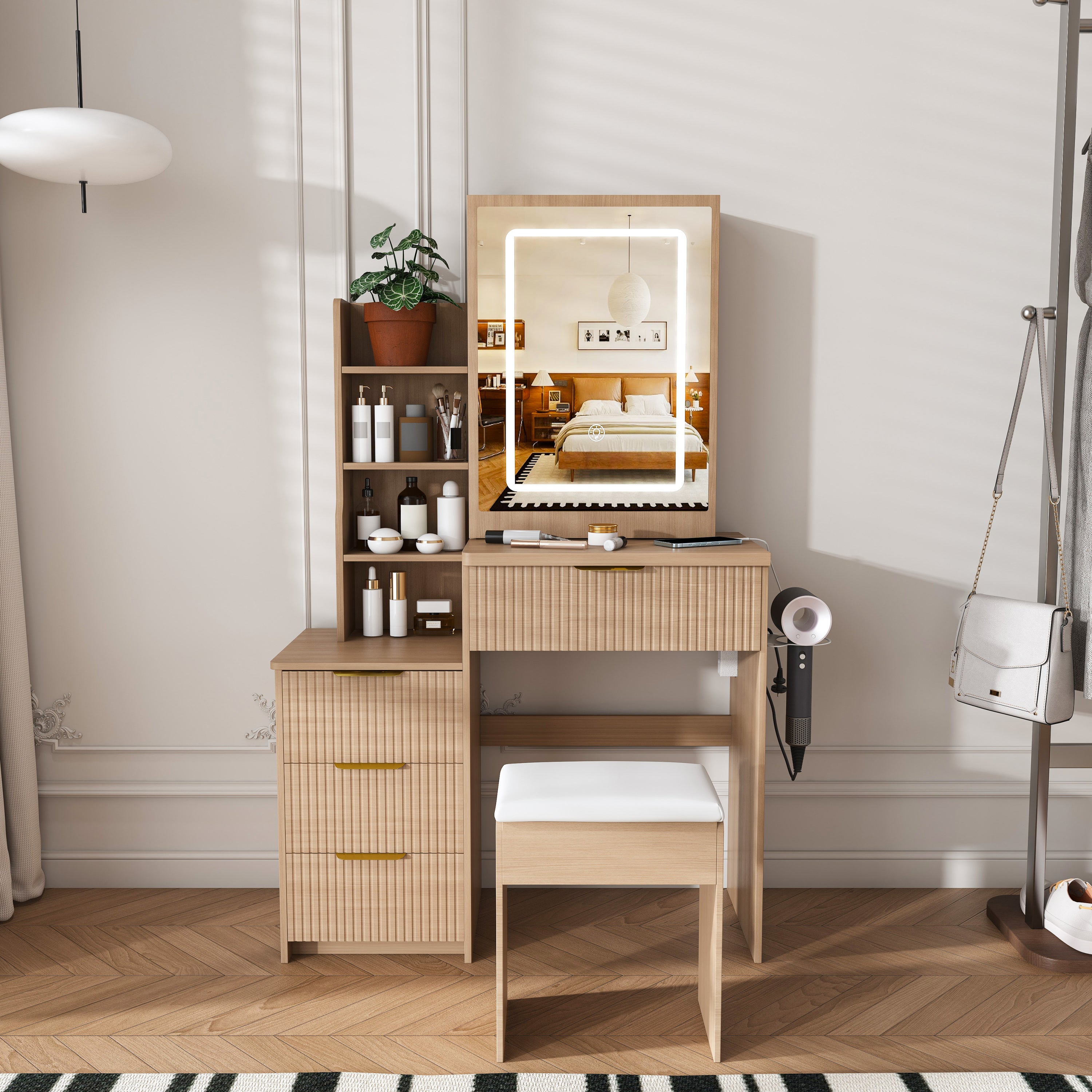 Modern Vanity Desk with 3 LED Lighting Modes, 4 Drawers, Hair Dryer Holder, Power Socket, and Dressing Chair in Walnut Finish, Made of MDF - Grand Goldman Shop
