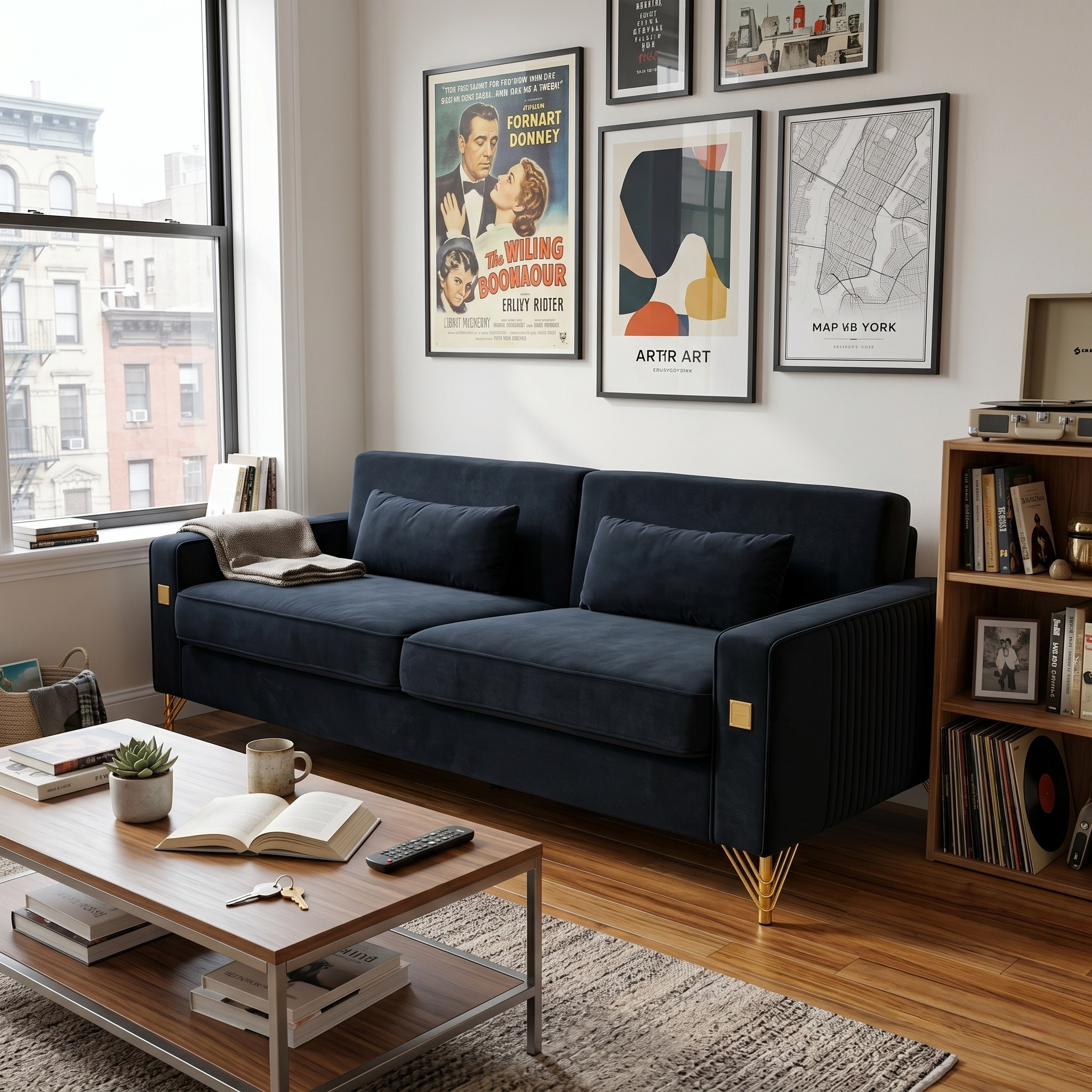 FX-P18-BK(sofa)Luxury Velvet Sofa with Gold Accents - Modern 3-Seat Couch with Plush Cushions, Perfect for Living Room and Office Decor - Grand Goldman Shop
