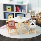 Kids Wood Table and Chair Set with Cartoon Animals Design, White Solid Wood & MDF Furniture for Ages 3-8, 5-Piece Table and C