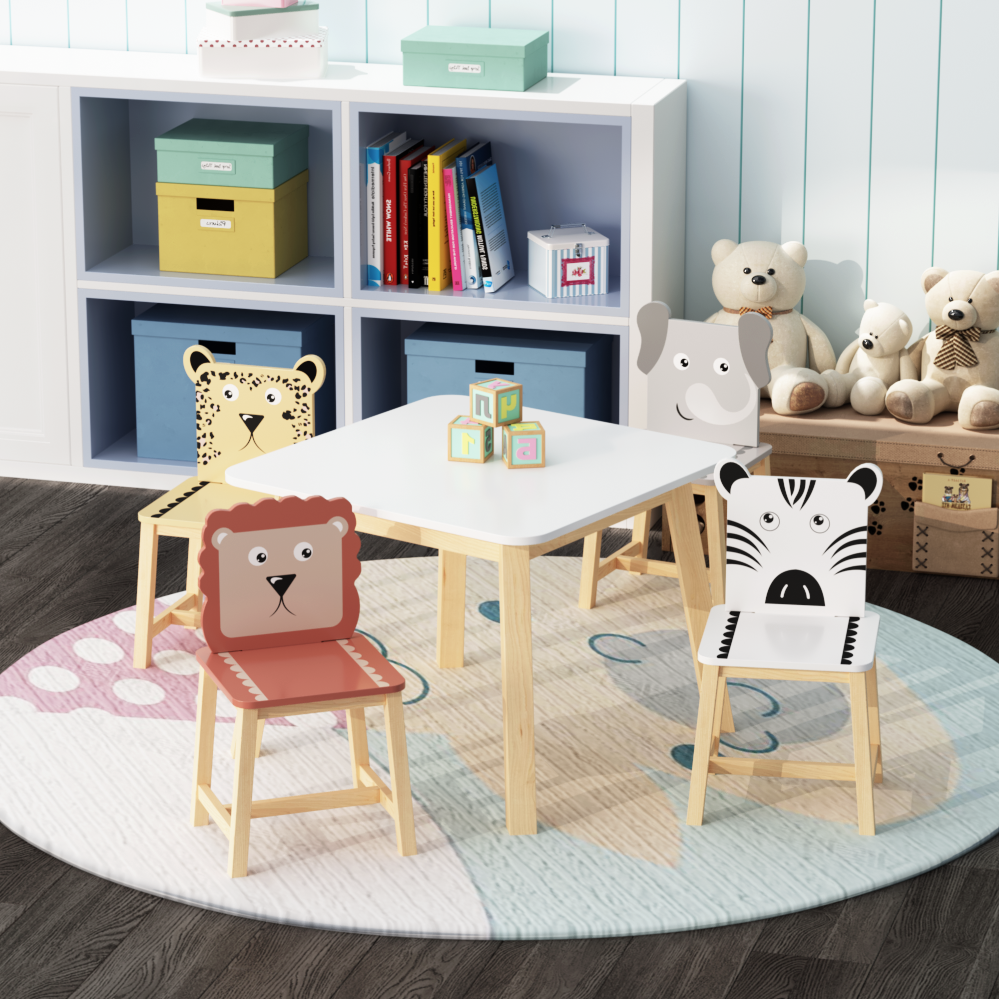Kids Wood Table and Chair Set with Cartoon Animals Design, White Solid Wood & MDF Furniture for Ages 3-8, 5-Piece Table and C