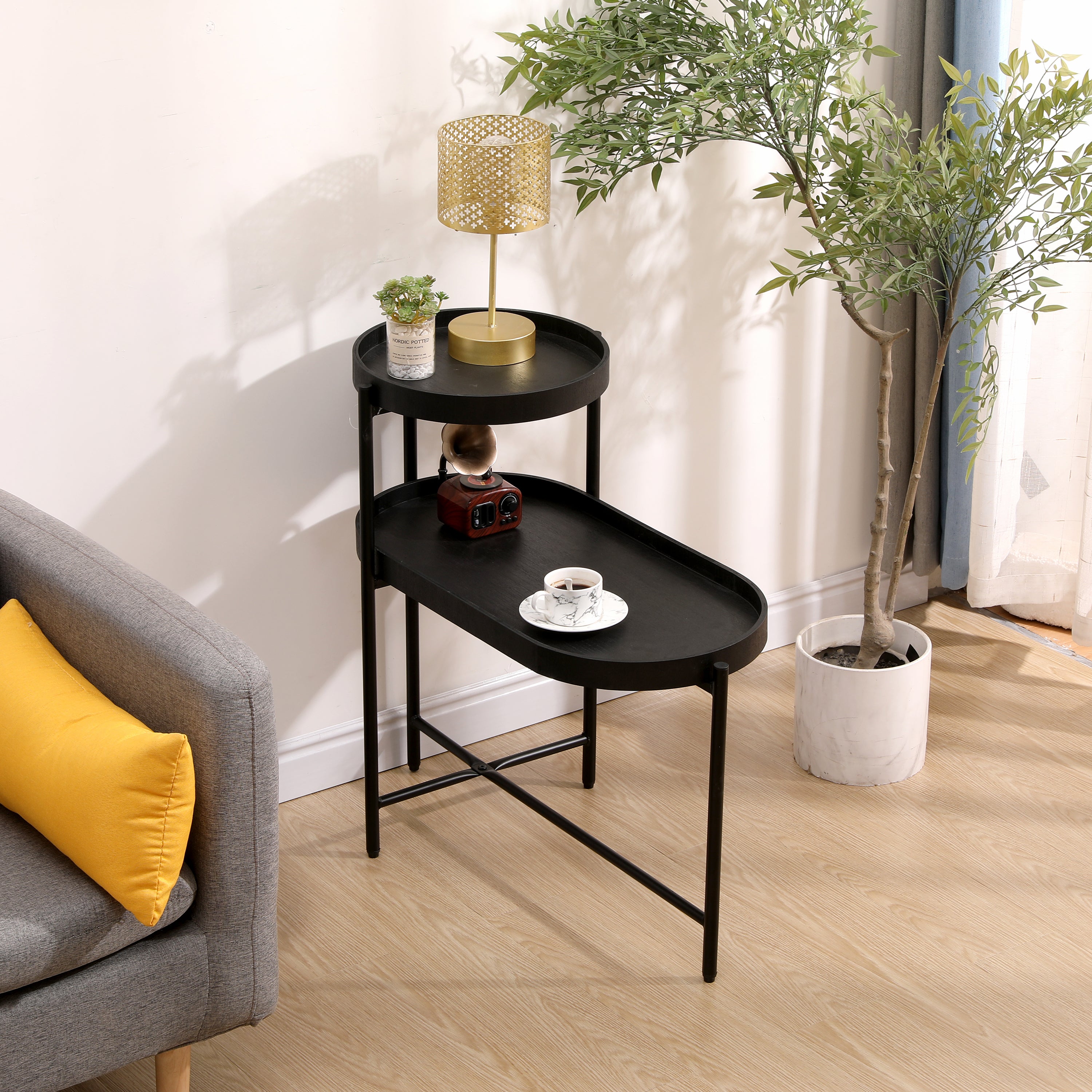 2-Tier Black Side Table with Storage Sofa Table for Living Room Metal Frame & Wooden Desk End Table - Grand Goldman Shop