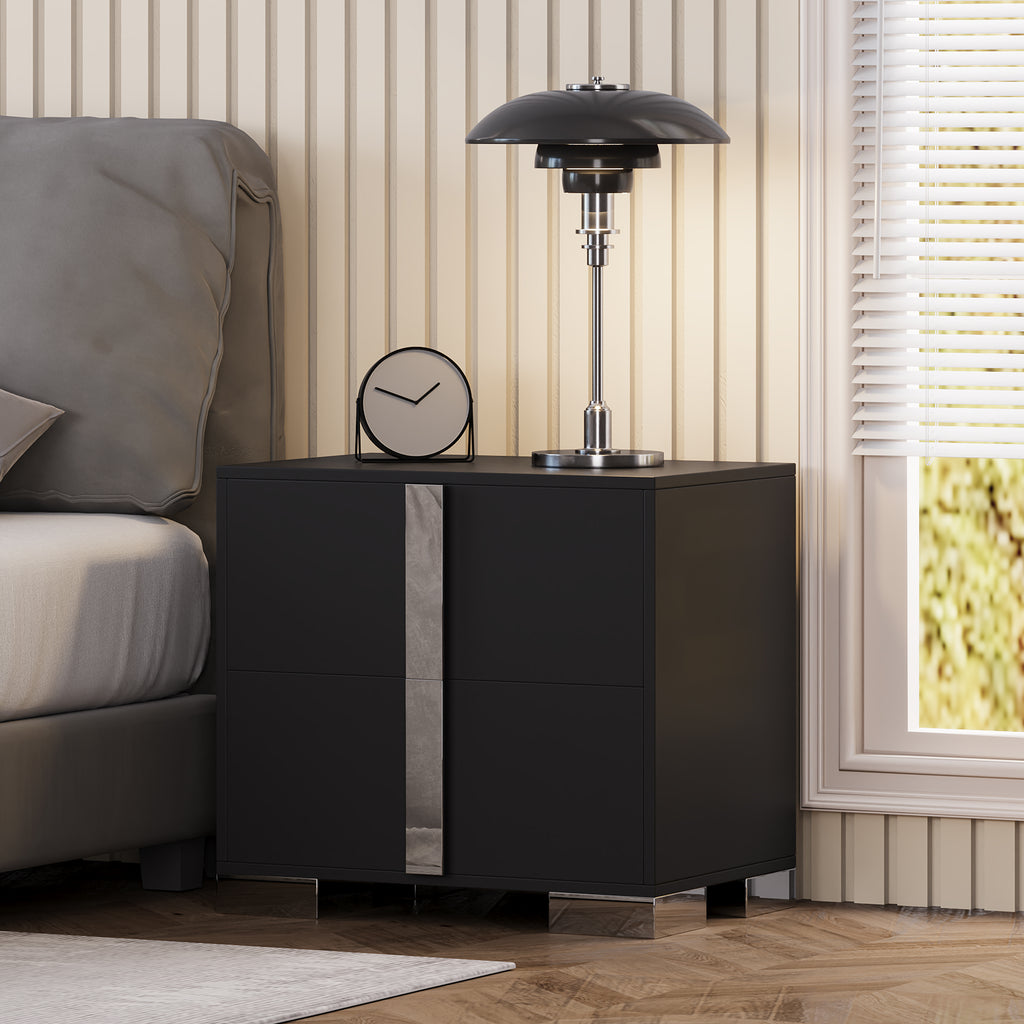 Modern End Table with Drawers, Elegant Nightstand with Metal Foot,Wood Bedside Table with Mirrored Metal Handles,Sofa Side End Table for Bedroom Living Room Office,Black - Grand Goldman Shop