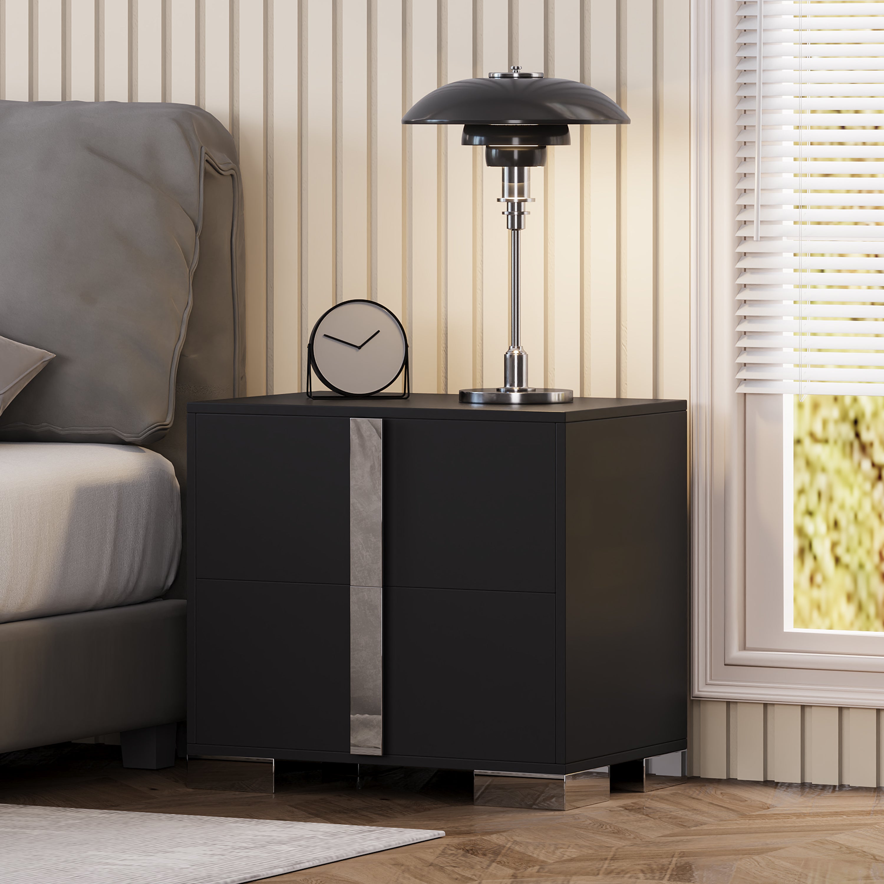 Modern End Table with Drawers, Elegant Nightstand with Metal Foot,Wood Bedside Table with Mirrored Metal Handles,Sofa Side End Table for Bedroom Living Room Office,Black - Grand Goldman Shop