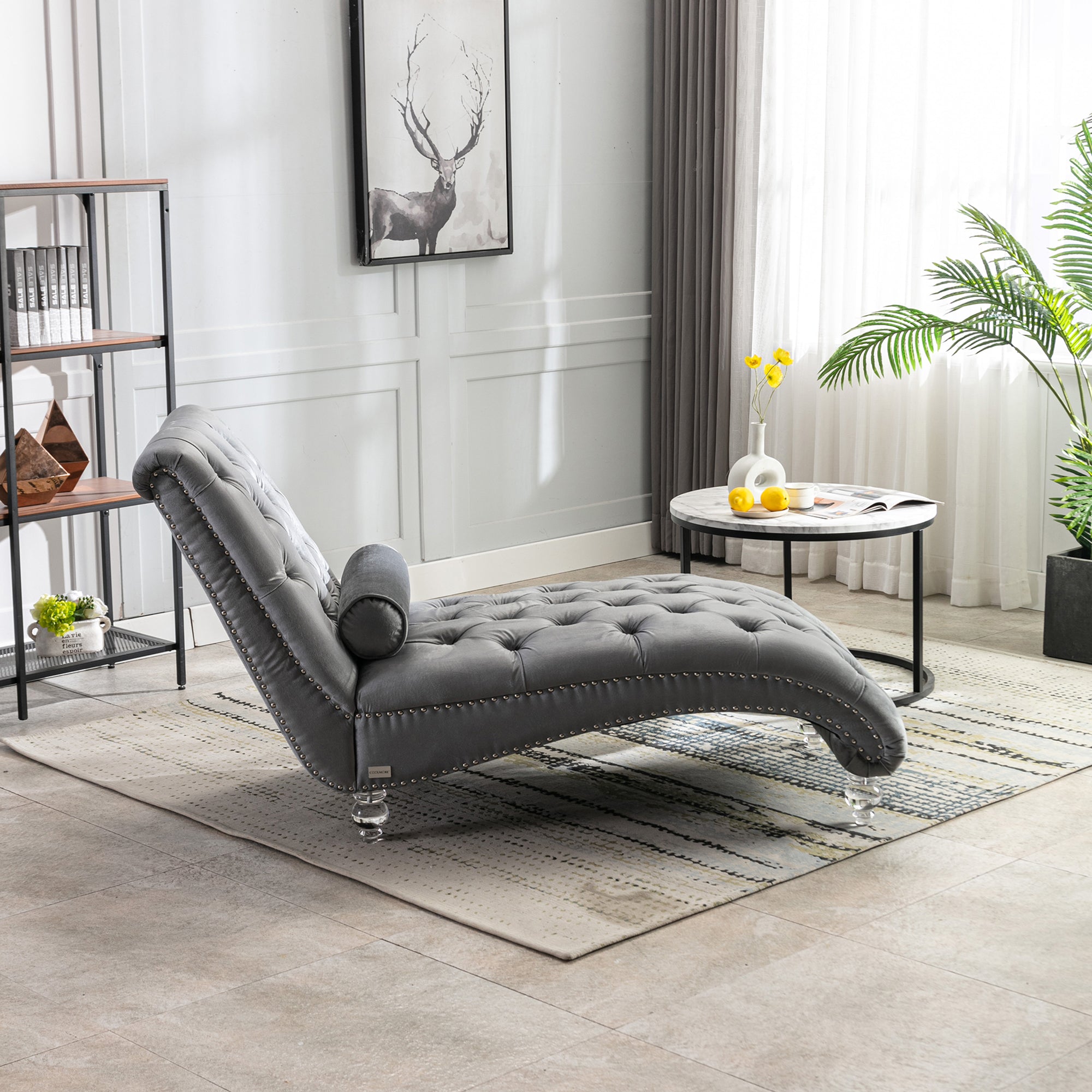 Velvet Chaise Lounge Indoor, Button-Tufted Upholstered Chaise Lounge Chair with Pillow, Silver Velvet, 63.98 Inches - Grand Goldman Shop