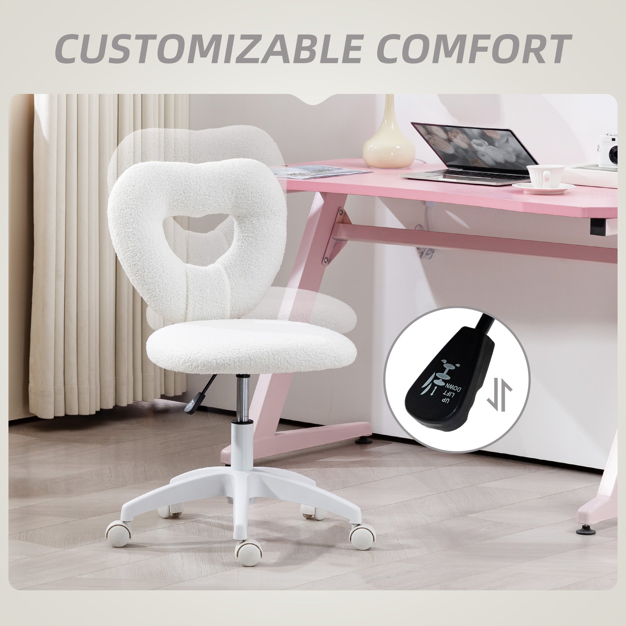 Office Task Chair, Heart Chair with Swivel Wheels, White - Grand Goldman