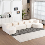 Modern Upholstered L-Shape Sofa with Chaise Lounge and Back Pillows, Beige Boucle Fabric, 144 inches - Grand Goldman Shop