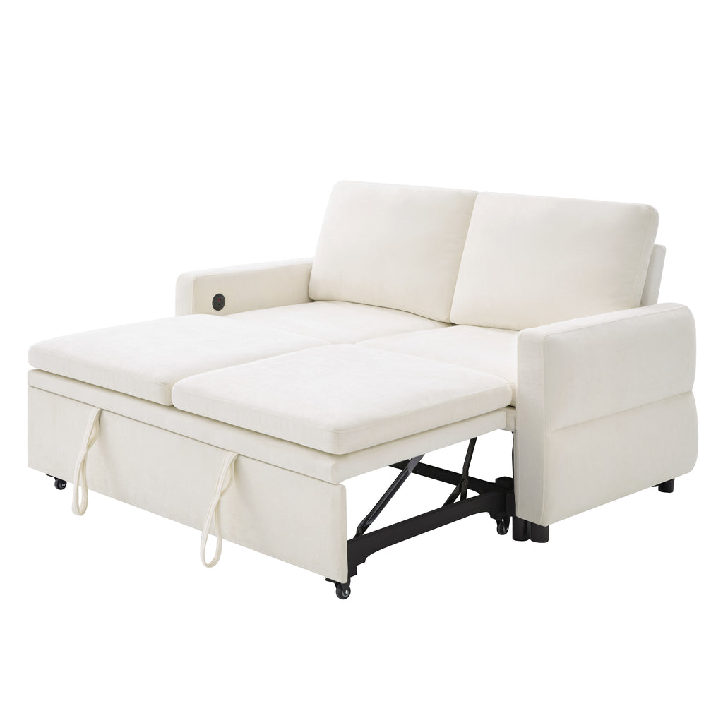 Convertible Sofa Bed 62.75' Loveseat with Adjustable Backrest and USB Ports in Beige Chenille Fabric - Grand Goldman Shop