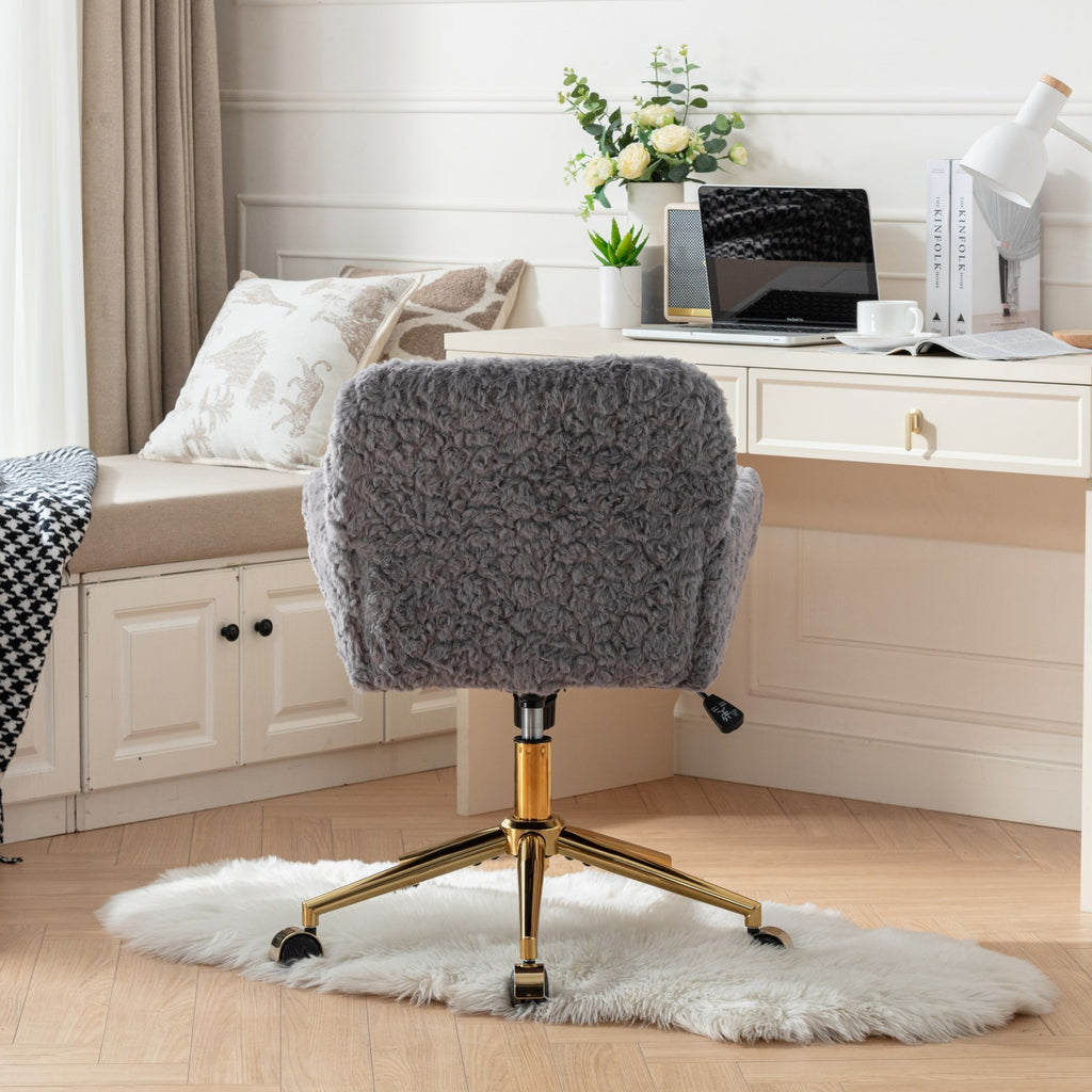 Stylish A&A Furniture Gray Adjustable Desk Chair with Artificial Rabbit Hair and Golden Metal Base - Available at Grand Goldm