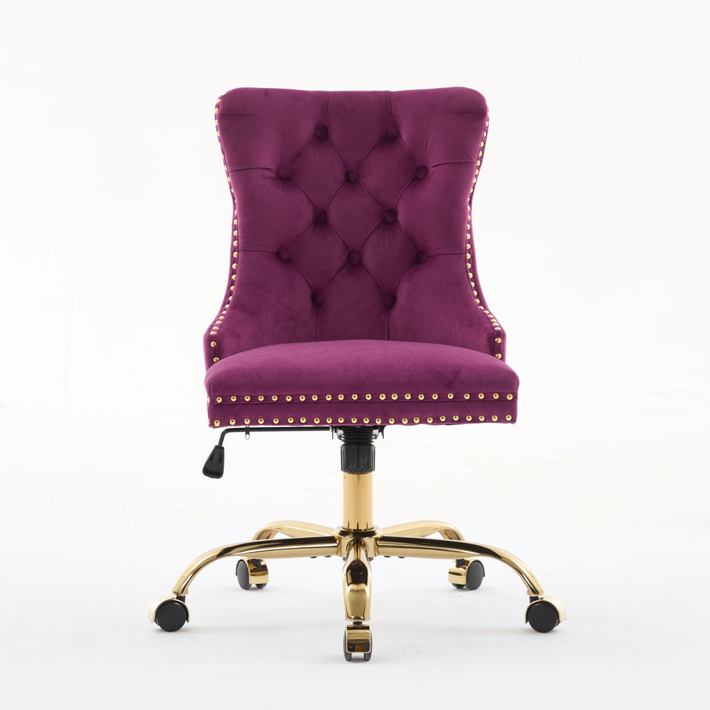 A&A Furniture Office Chair,Modern Velvet Upholstered Tufted Button Home Office Chair with Golden Metal Base,Adjustable Desk C