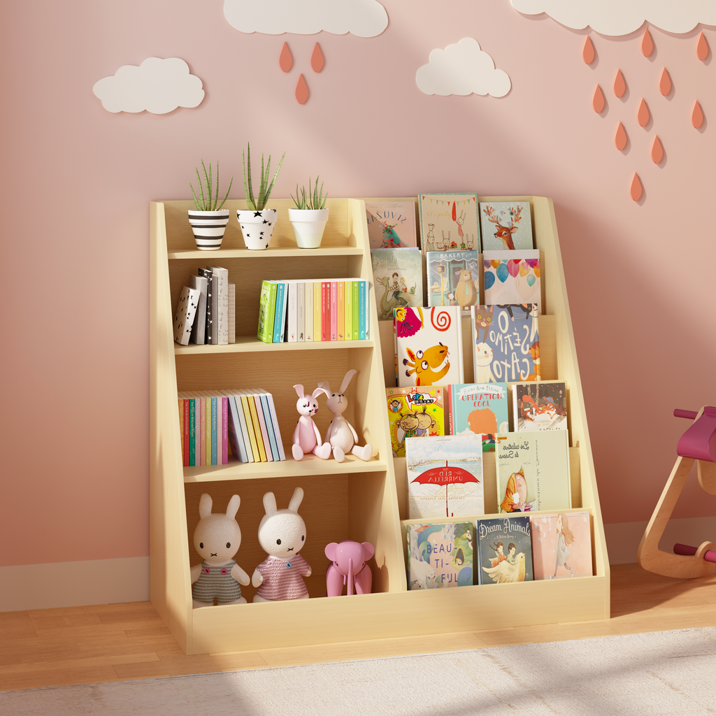 Kids Bookshelf and Toy Storage Organizer, Multifunctional 4 Tier Wooden Kids Book Shelf with  Bookcase Display Stand in Kids 