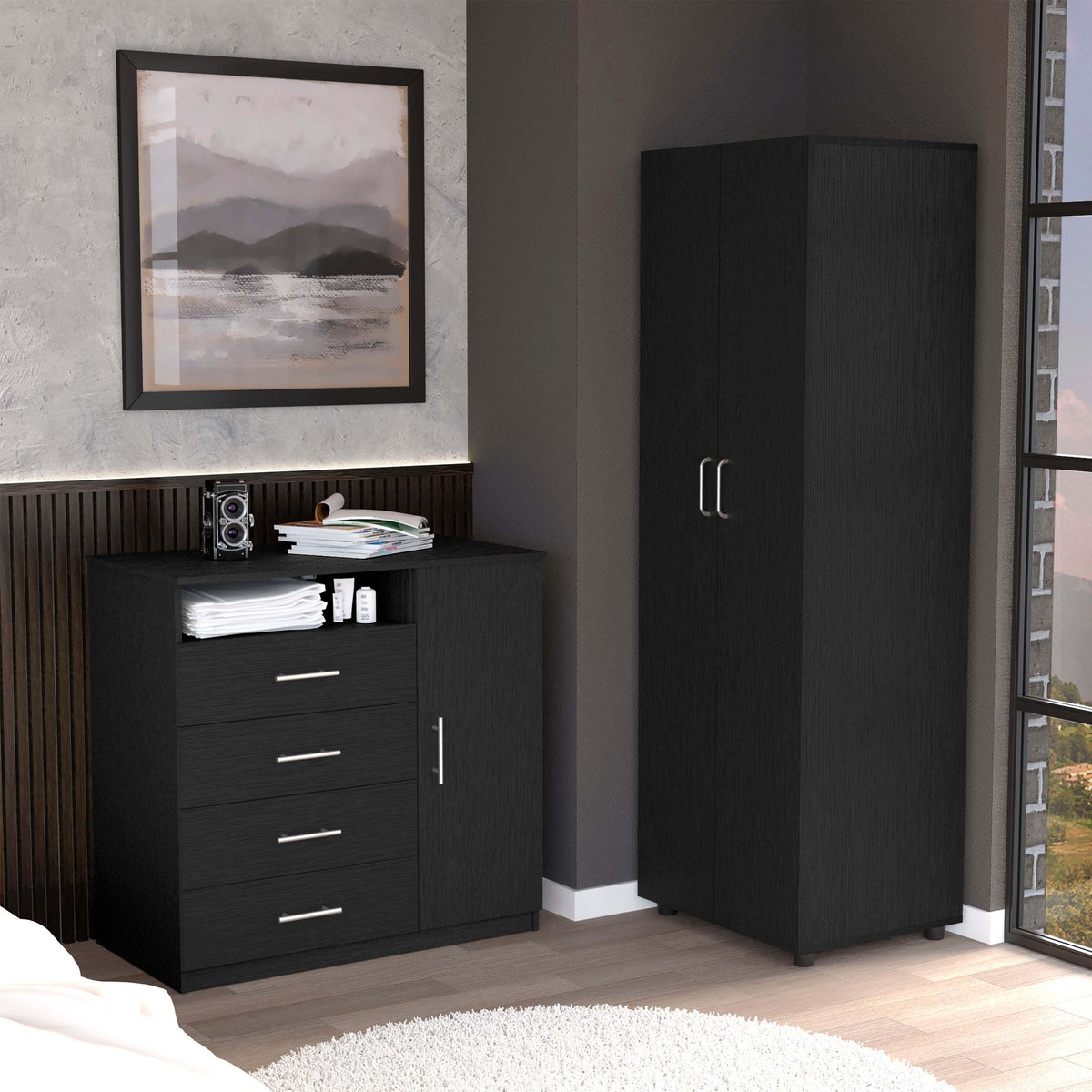2 Piece Bedroom Set, London Armoire + Rioja 4 Drawer Dresser, Black - Grand Goldman Shop