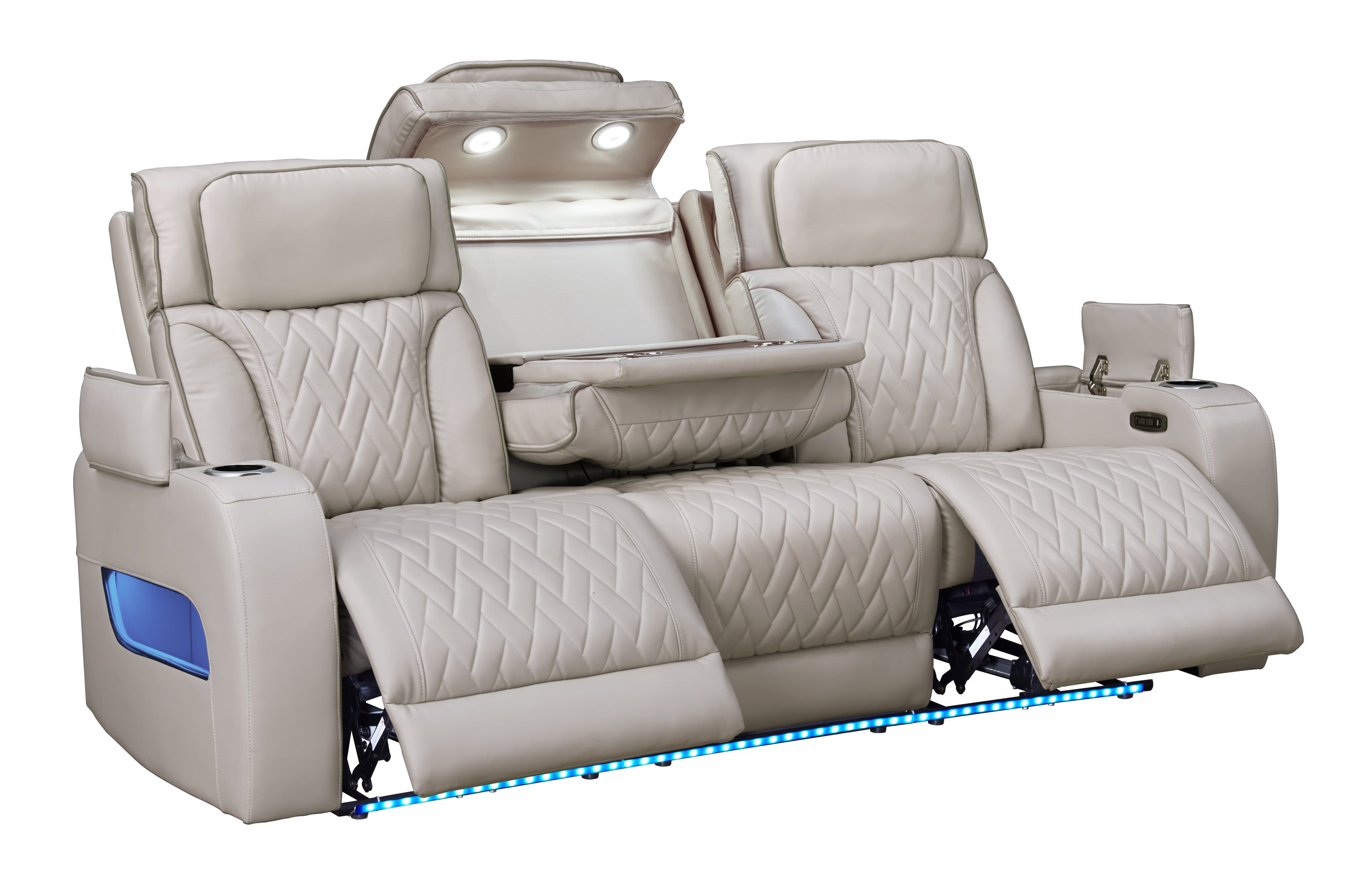 Jazz Ice Leather Aire Transformer Power Reclining Sofa & Loveseat Living Room Set w/Power Headrest, Bluetooth Speakers, LED Lights, Wireless Charging Drop-Down Table, USB Ports, Storage & Cupholders - Grand Goldman Shop