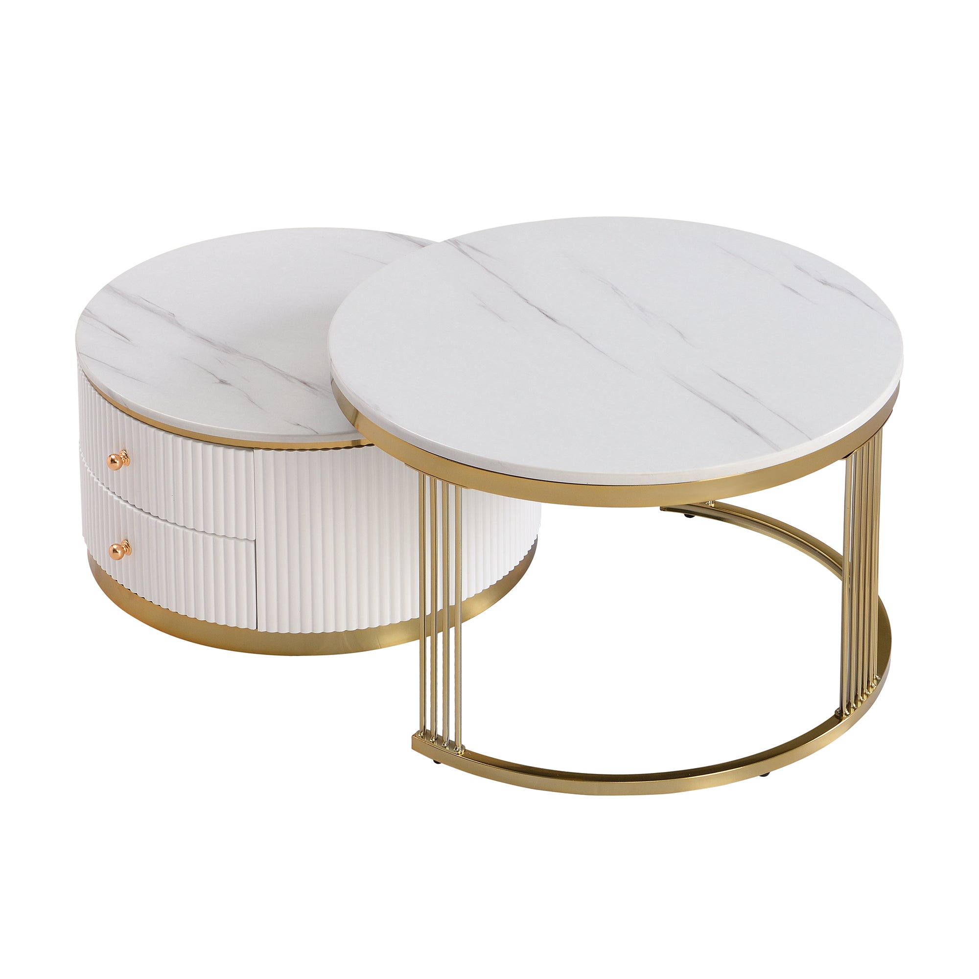 Modern 2 Pieces White Round Nesting  Coffee Table with Drawers in 27.6'' - Grand Goldman Shop