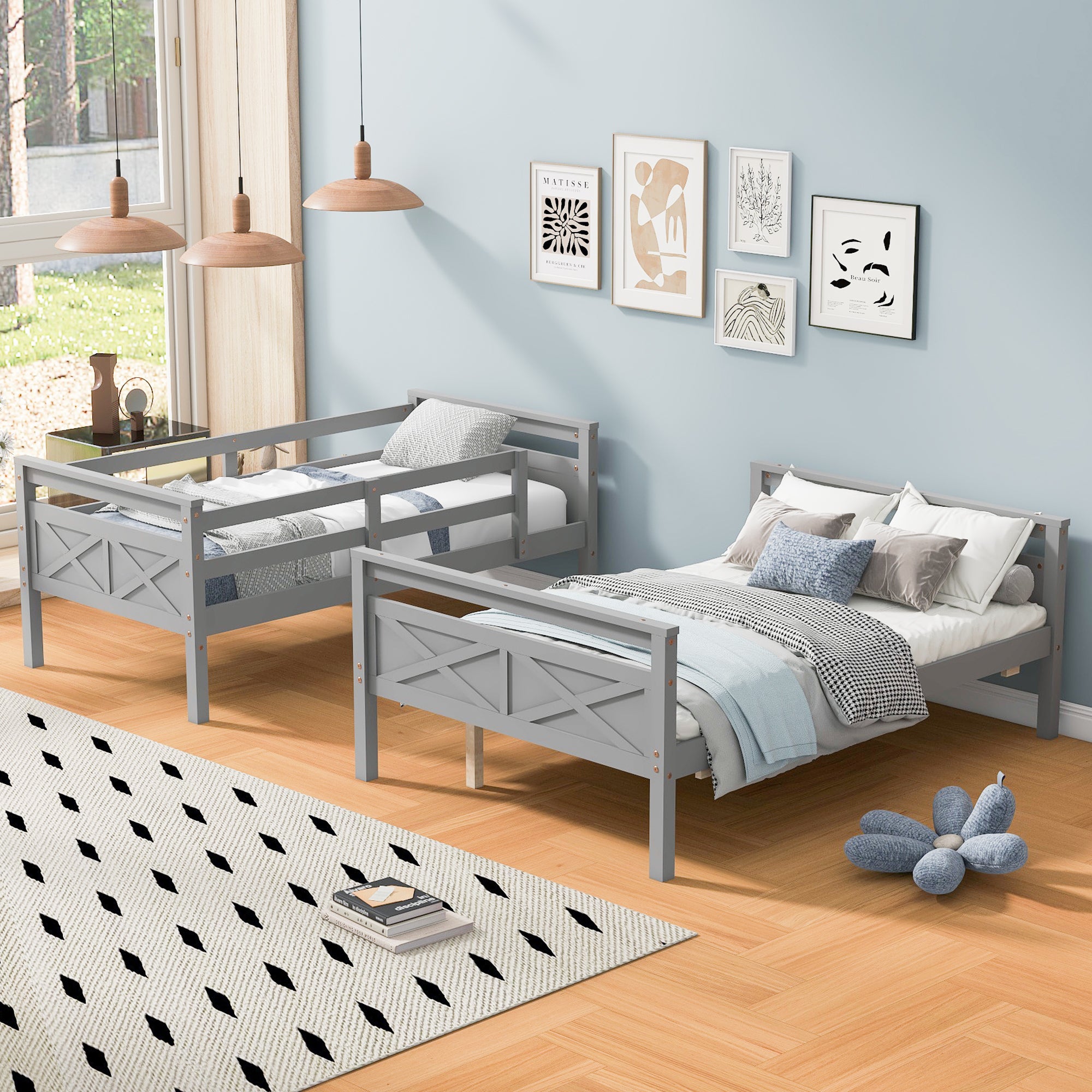 Gray Twin over Full Bunk Bed with Ladder and Safety Guardrail, Pine Wood and MDF, 79.3''L x 57.1''W x 61.3''H - Grand Goldman Shop