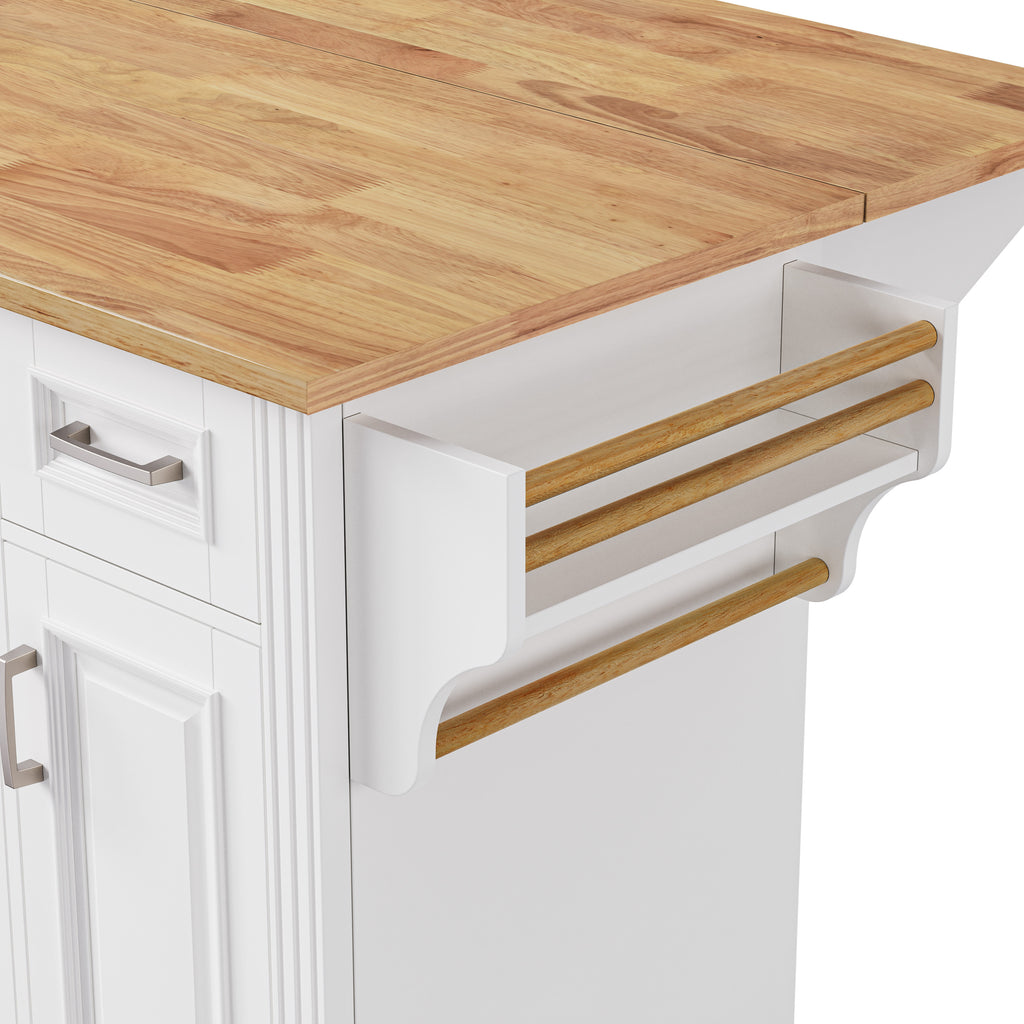 K&K 54inch Large Kitchen Island with Rubber Wood Drop Leaf, Embossed Texture Rolling Kitchen Cart on 4 Wheels with 4 Doors and 3 Drawers, Kitchen Island with Storage for Kitchen, Dining Room,White - Grand Goldman Shop
