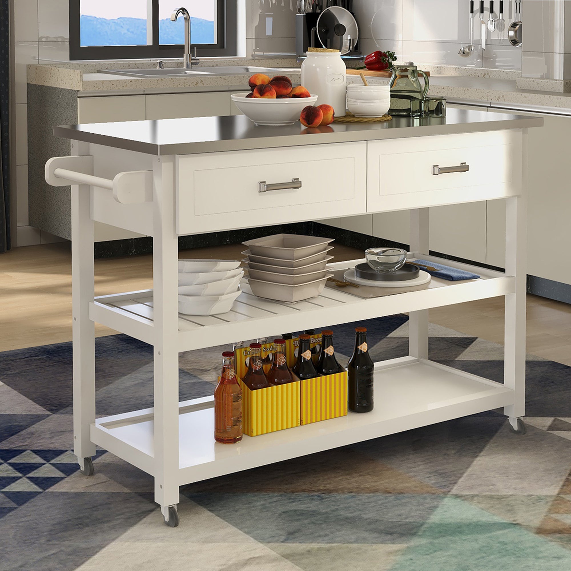 Stainless Steel Table Top White Kicthen Cart With Two Drawers - Grand Goldman Shop