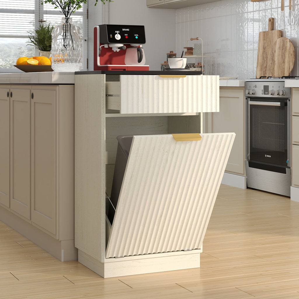10-Gallon Woodgrain Tilt-Out Trash Can Cabinet Wooden Garbage Recycling Cabinet with Wave-Textured Hideaway Drawer&Pull-Out Bin-Multipurpose Kitchen/Bath Organizer in Antique White Finish - Grand Goldman Shop
