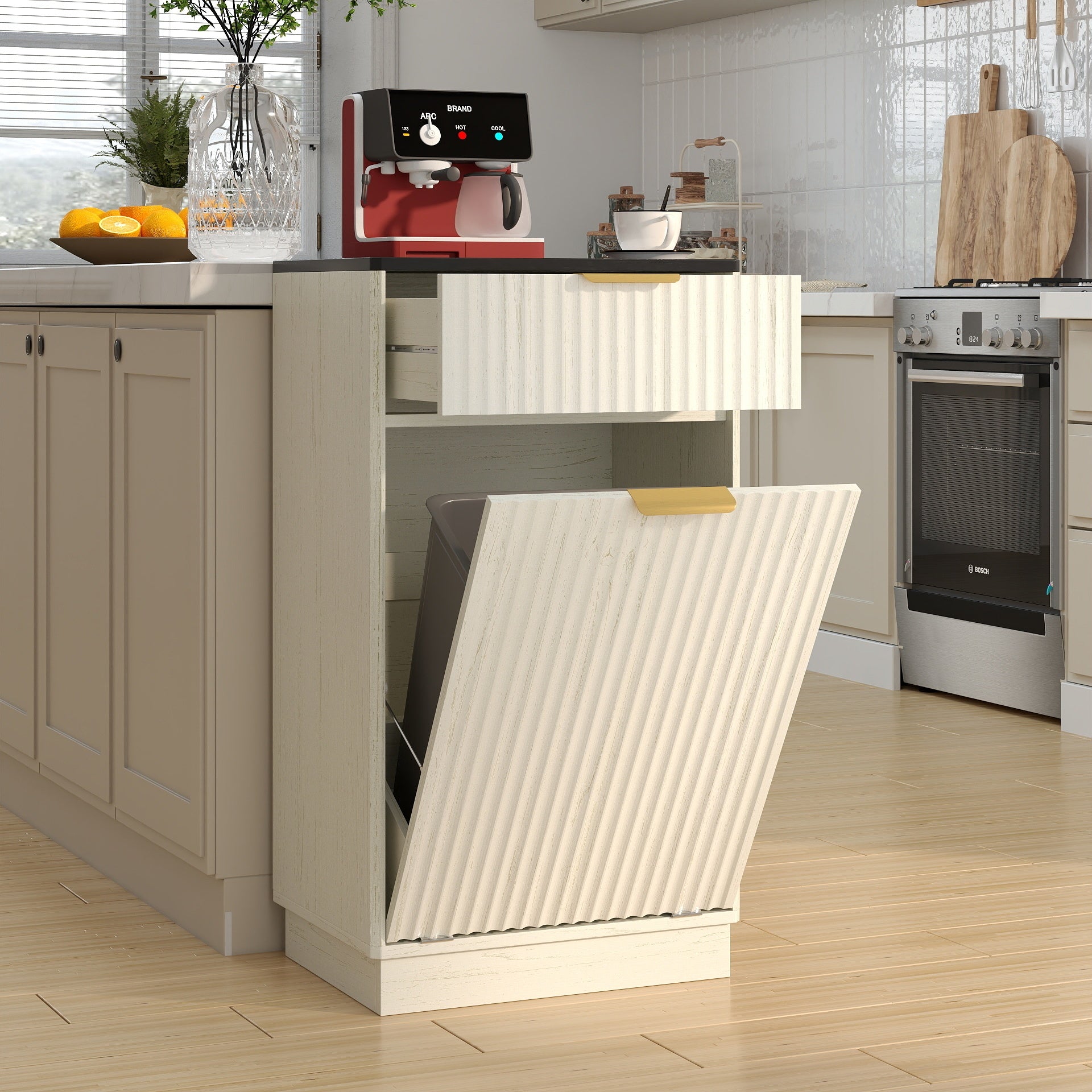 10-Gallon Woodgrain Tilt-Out Trash Can Cabinet Wooden Garbage Recycling Cabinet with Wave-Textured Hideaway Drawer&Pull-Out Bin-Multipurpose Kitchen/Bath Organizer in Antique White Finish - Grand Goldman Shop