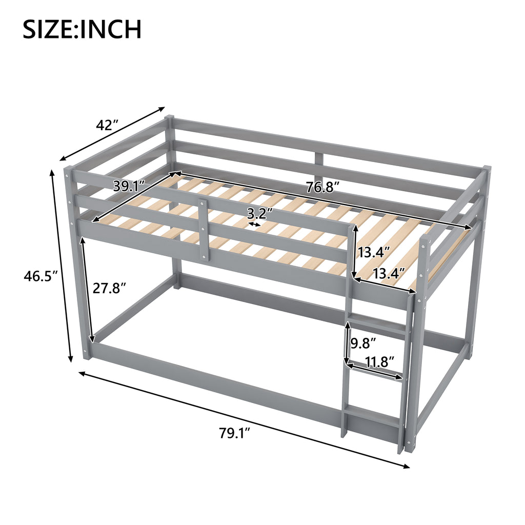 Gray Twin Over Twin Floor Bunk Bed with Ladder, Solid Pine Wood, 79.1''L x 42''W x 46.5''H - Grand Goldman Shop