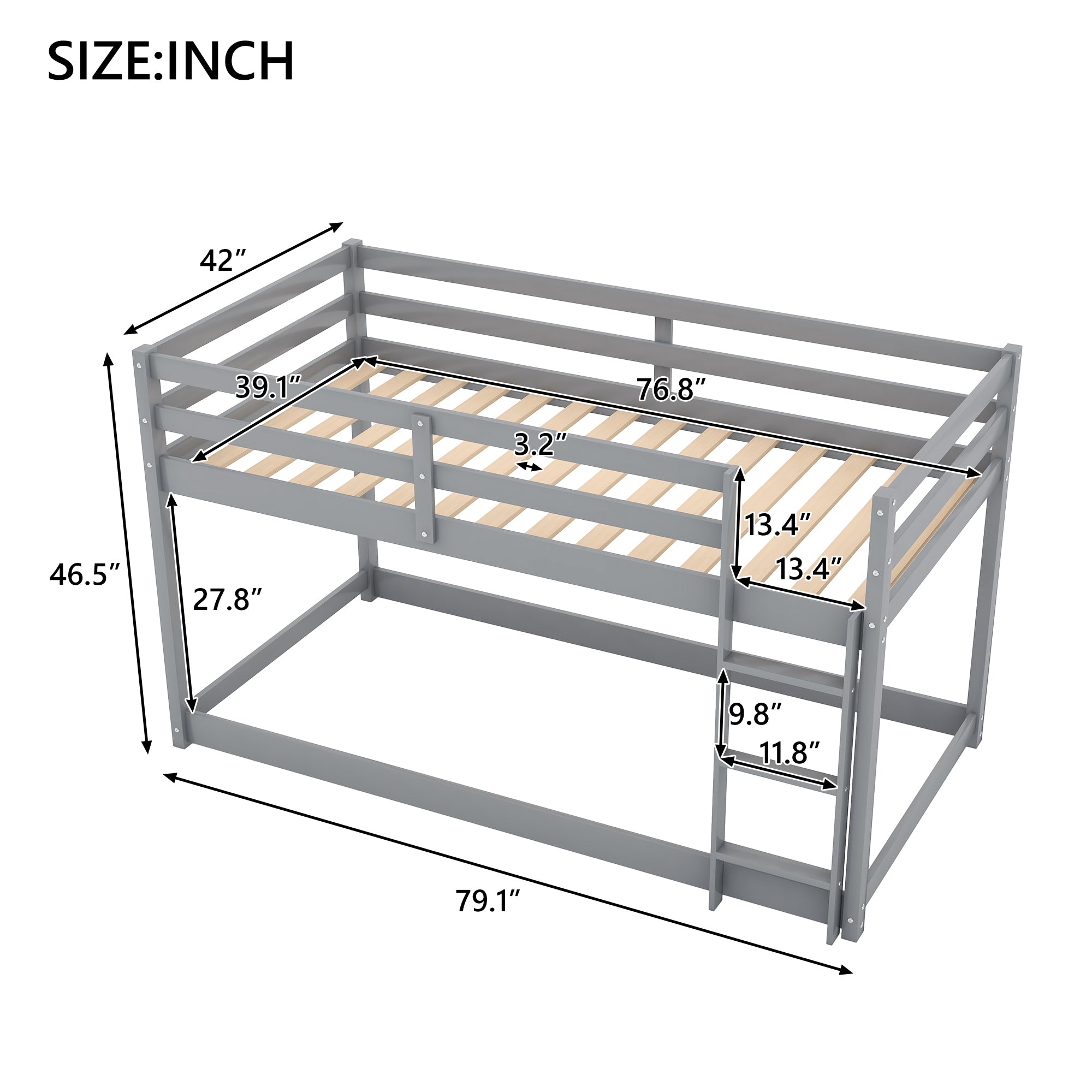 Gray Twin Over Twin Floor Bunk Bed with Ladder, Solid Pine Wood, 79.1''L x 42''W x 46.5''H - Grand Goldman Shop