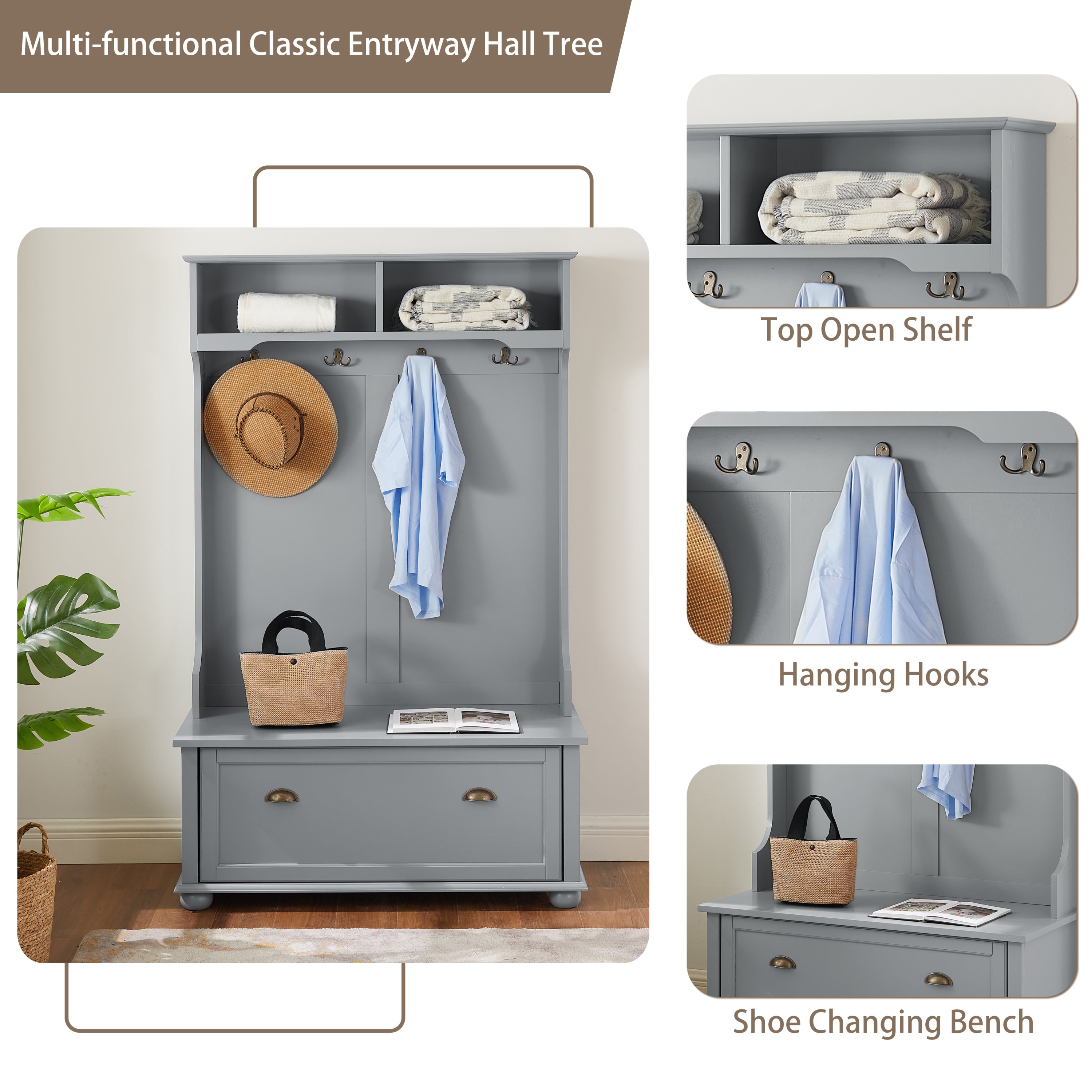 Modern Classic Hall Tree with Shoe Rack Bench and Coat Hooks for Hanging Storage, Entryway Bench with Open Shelves and Shoe Cabinets 40.16'W*18.58'D*64.17'H GRAY - Grand Goldman Shop