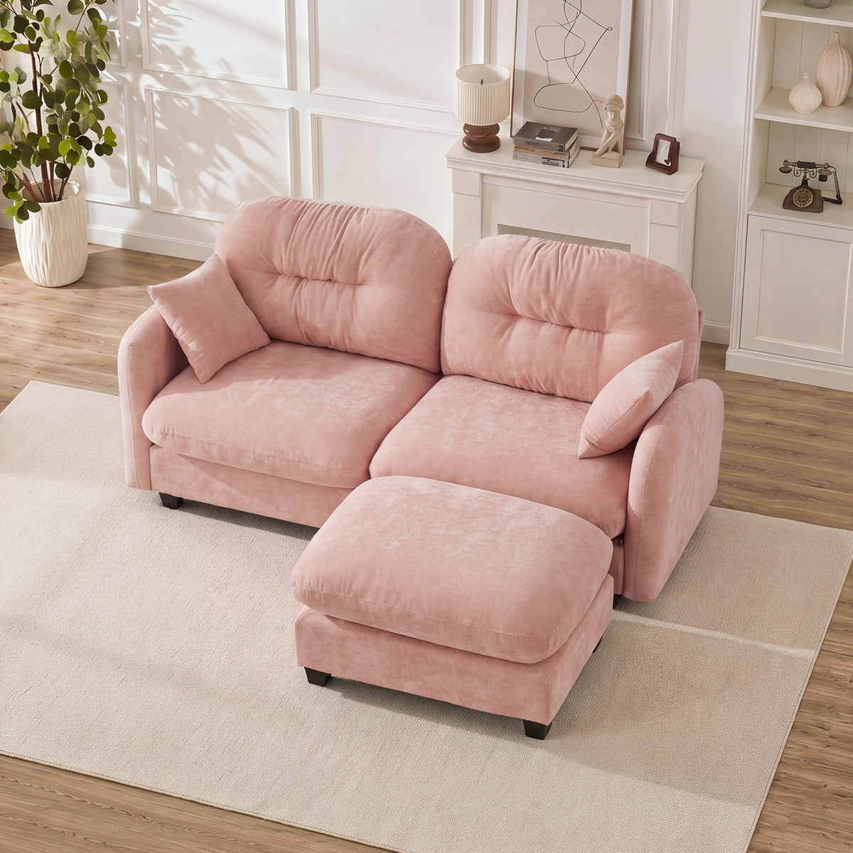 Cloud Sectional L-Shaped Couch With Ottoman,Soft Chenille Fabric,Quilted Pleated Design High-Density Foam,Fits Bedrooms Living Rooms Reading Nooks,Pink - Grand Goldman Shop