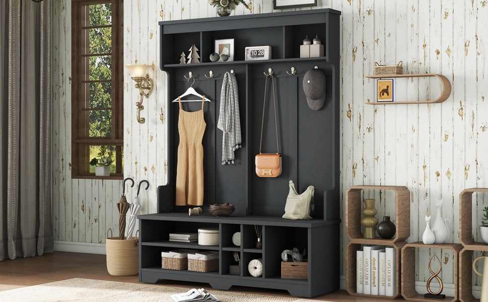 Modern Hallway Hall Tree with Metal Hooks and Storage Space, Multi-Functional Entryway Coat Rack with Shoe Cubbies, Black - Grand Goldman Shop