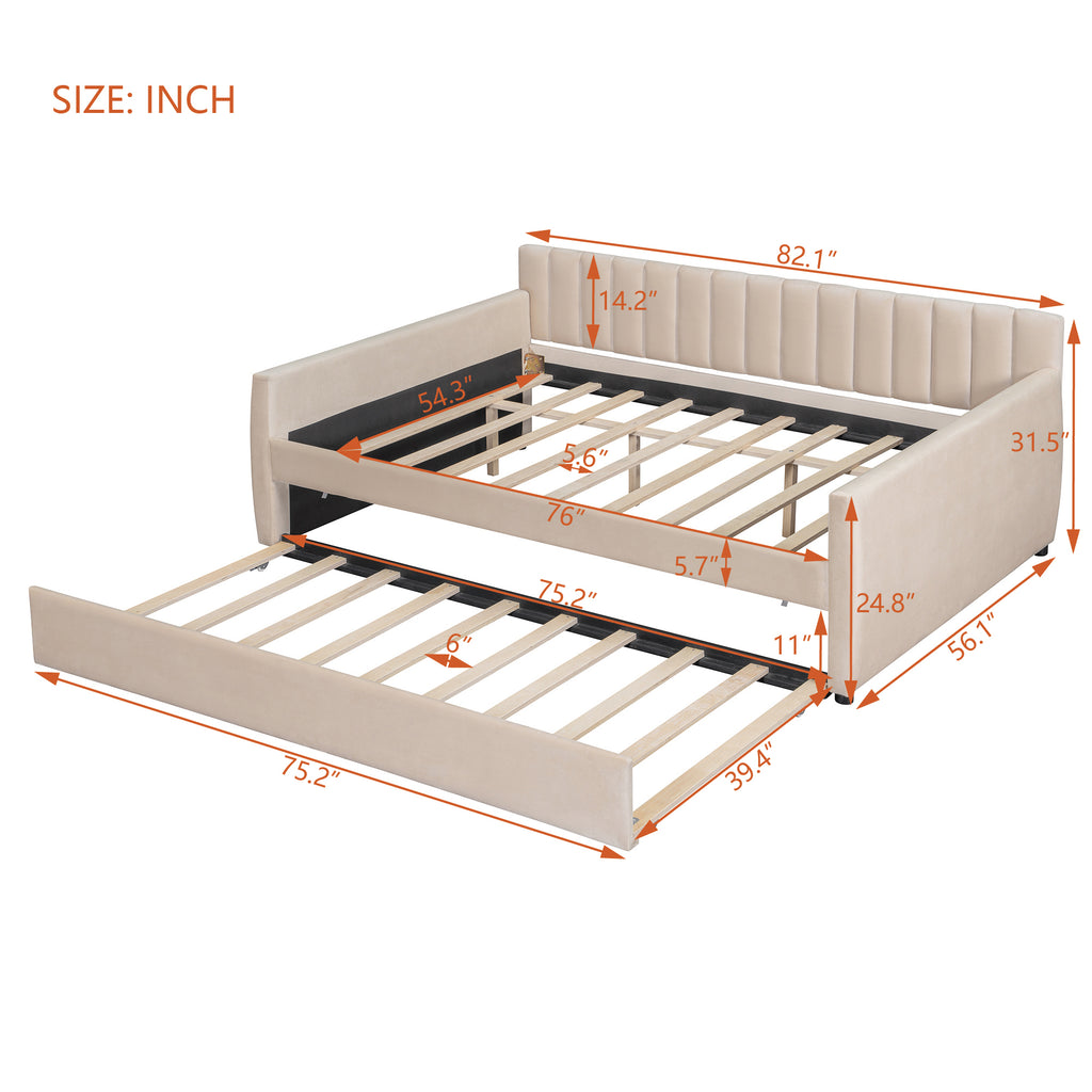 Full Size Upholstered daybed with Trundle and Wood Slat Support, Beige(Old SKU:LP000121AAA) - Grand Goldman Shop