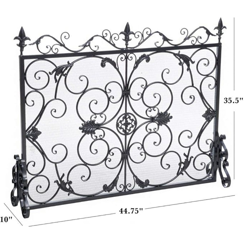 Darcie Wrought Iron Fireplace Screen with Intricate Detailing, Black Finish, Victorian Inspired Design, 10' D x 44' W x 35.5' H - Grand Goldman Shop