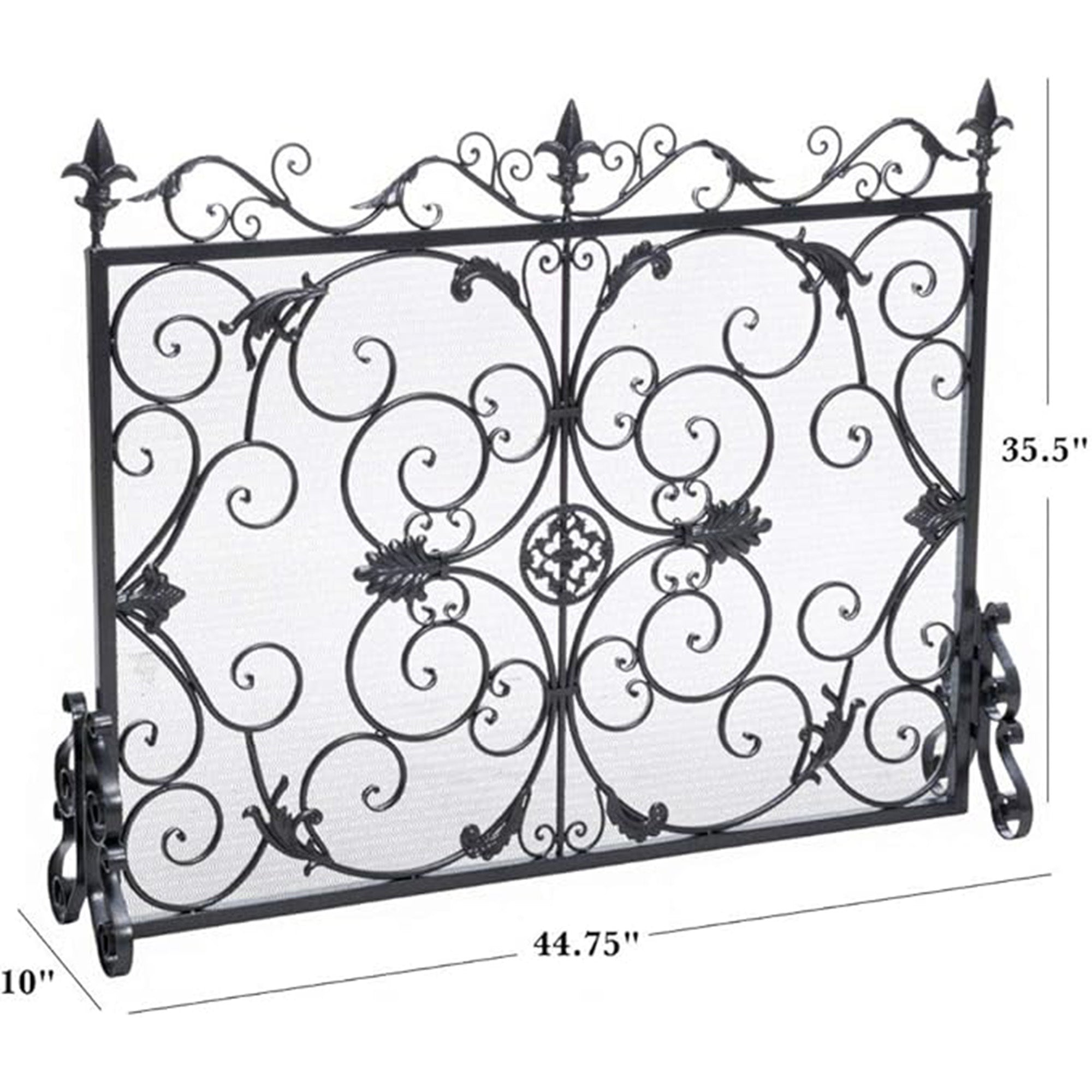 Darcie Wrought Iron Fireplace Screen with Intricate Detailing, Black Finish, Victorian Inspired Design, 10' D x 44' W x 35.5' H - Grand Goldman Shop
